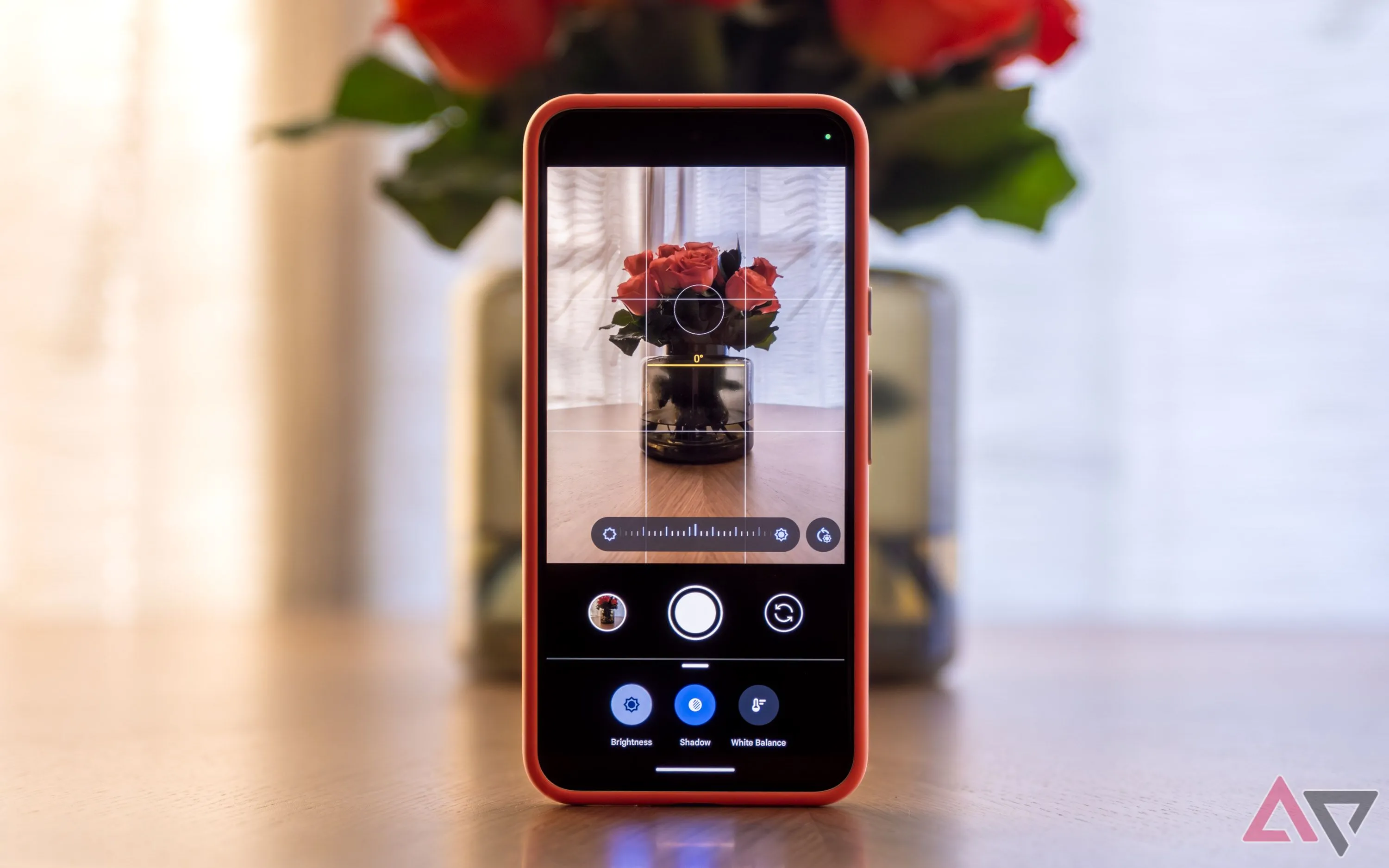 Ứng dụng Camera trên điện thoại Pixel hiển thị hướng dẫn khung hình, điện thoại đặt đứng cạnh lọ hoa