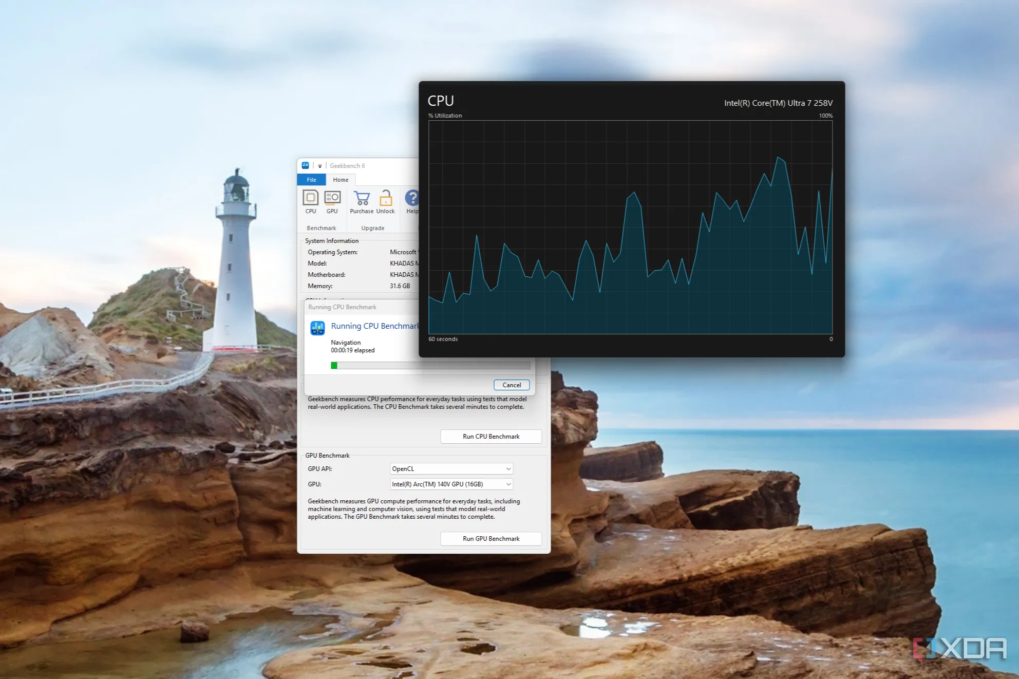 Ảnh chụp màn hình biểu đồ CPU của Task Manager bên cạnh cửa sổ Geekbench đang chạy benchmark