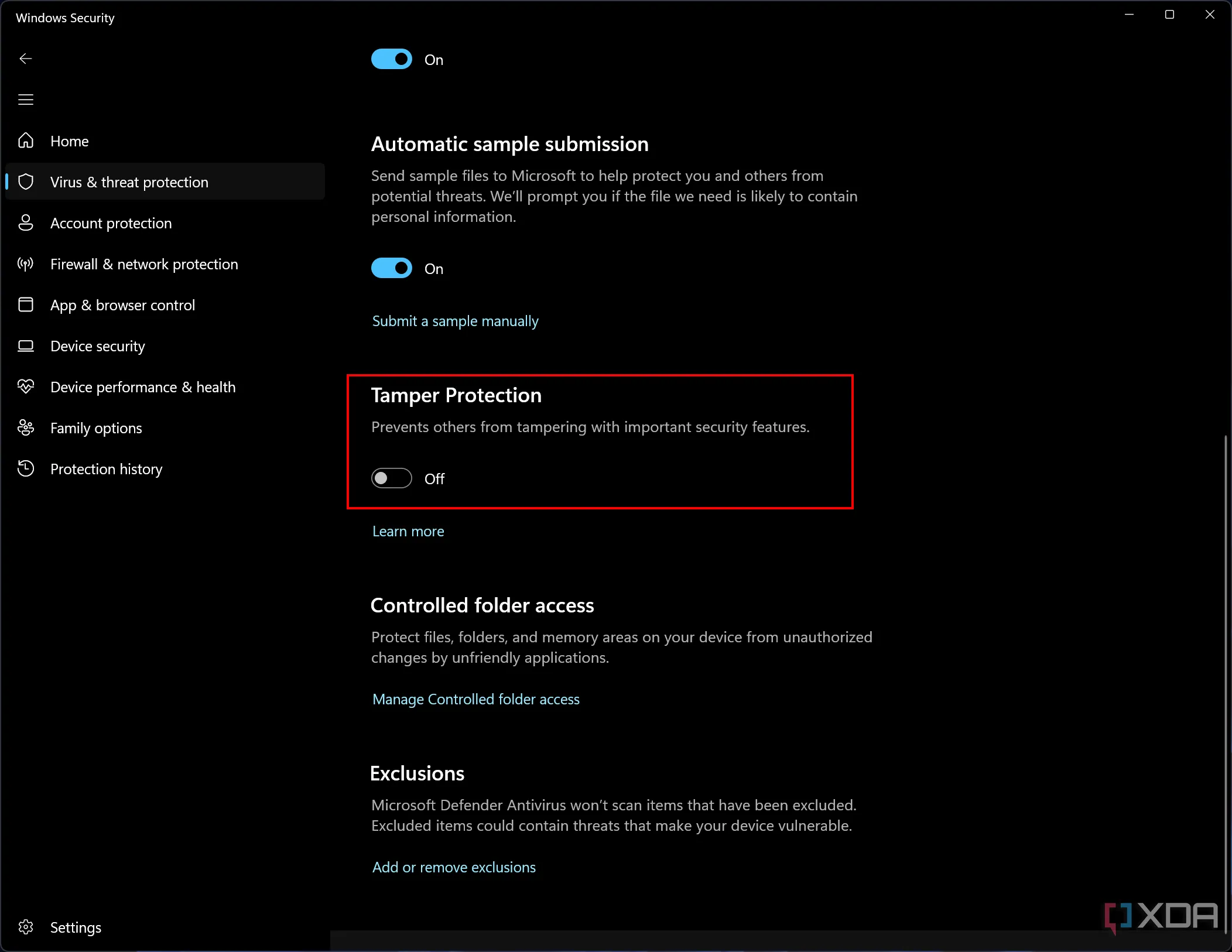 Ảnh chụp màn hình Microsoft Defender với Tamper Protection đã bị vô hiệu hóa