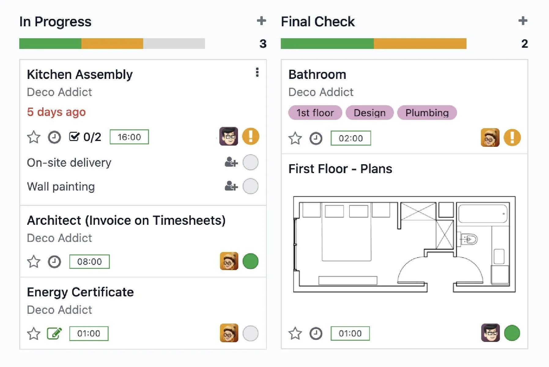 Ảnh chụp màn hình phần mềm quản lý dự án Odoo với giao diện Kanban board đầy màu sắc