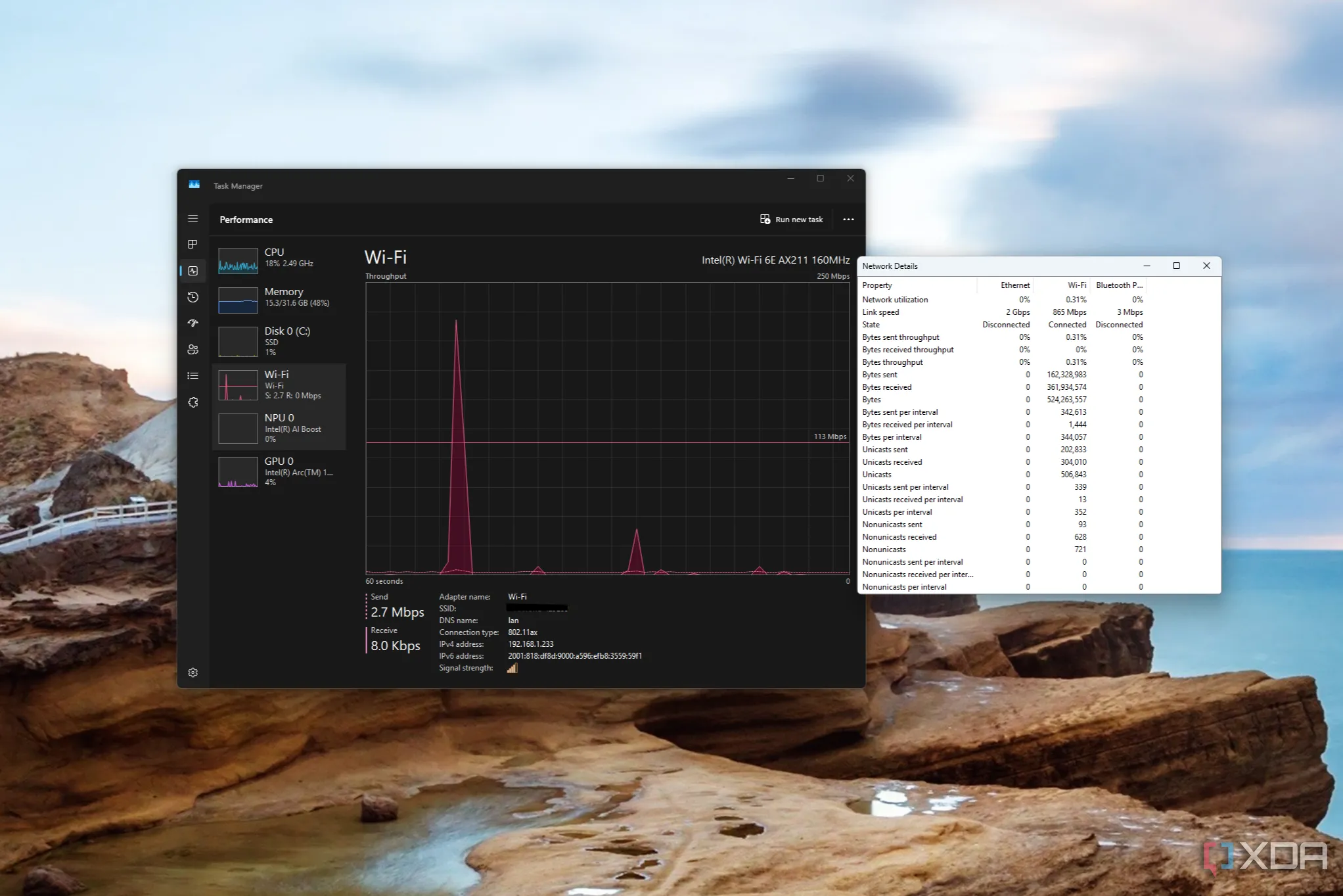 Ảnh chụp màn hình Task Manager hiển thị biểu đồ mạng và cửa sổ chi tiết mạng