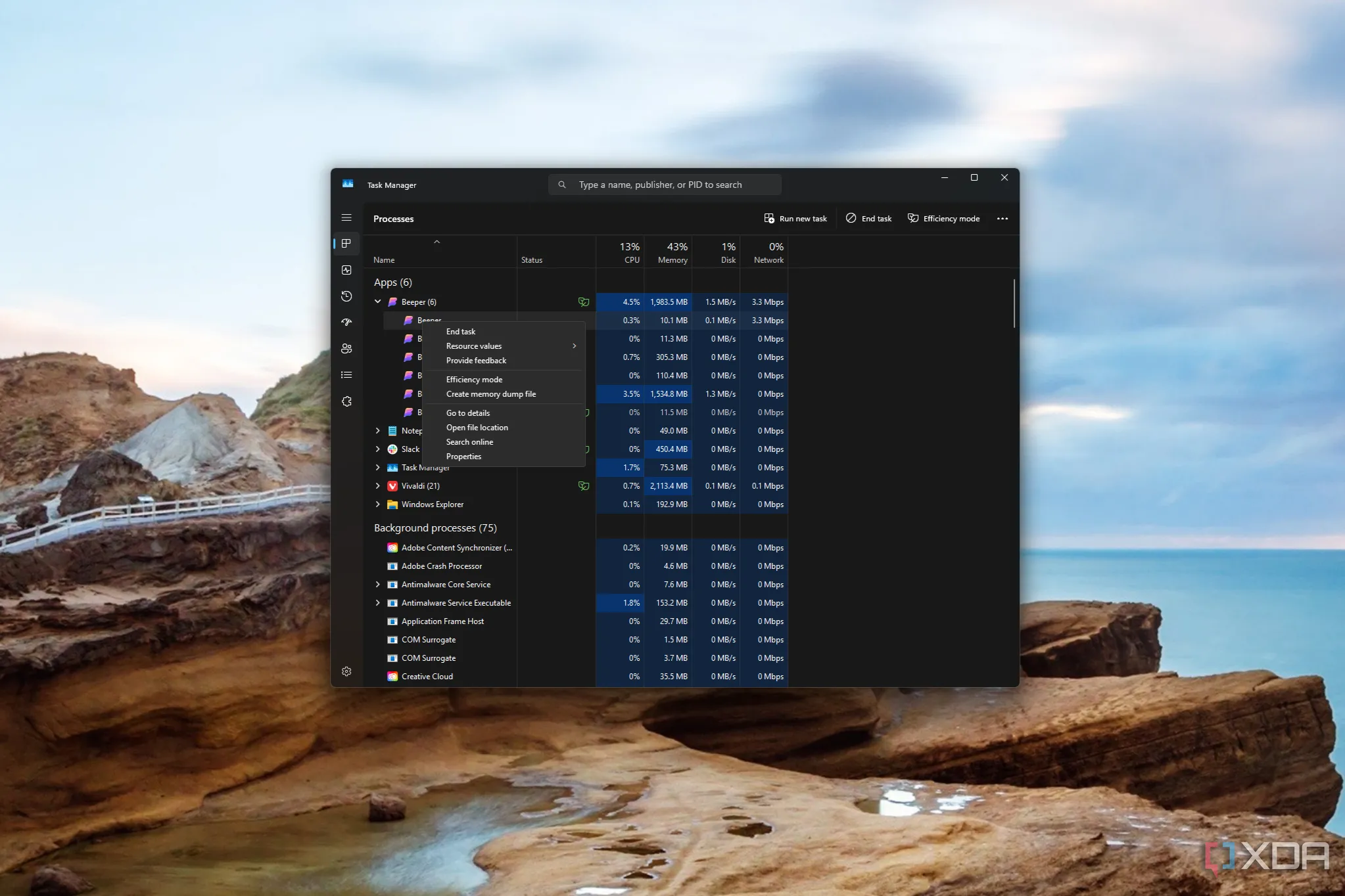 Ảnh chụp màn hình Task Manager hiển thị menu ngữ cảnh khi nhấp chuột phải vào một tiến trình