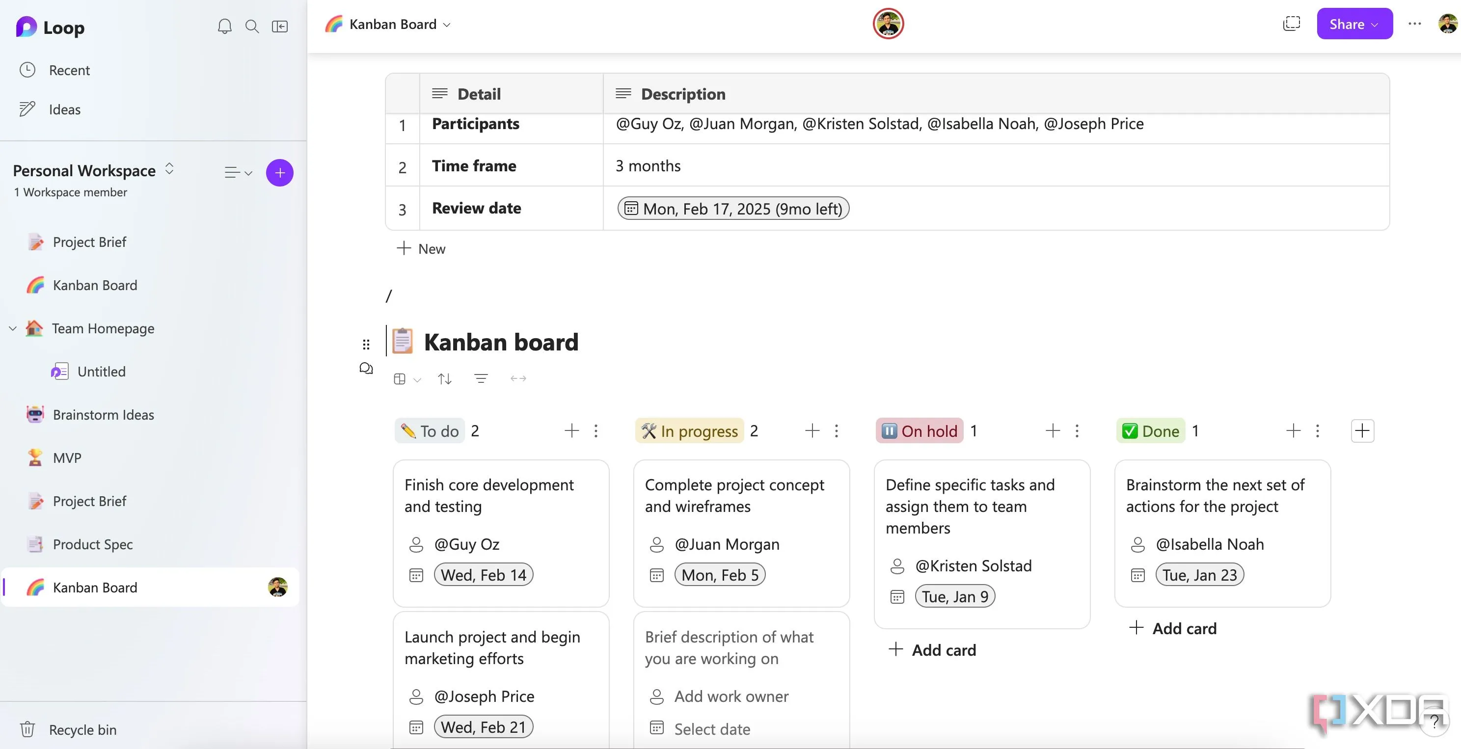 Bảng Kanban trong Microsoft Loop hiển thị các tác vụ dự án với trạng thái và thuộc tính.