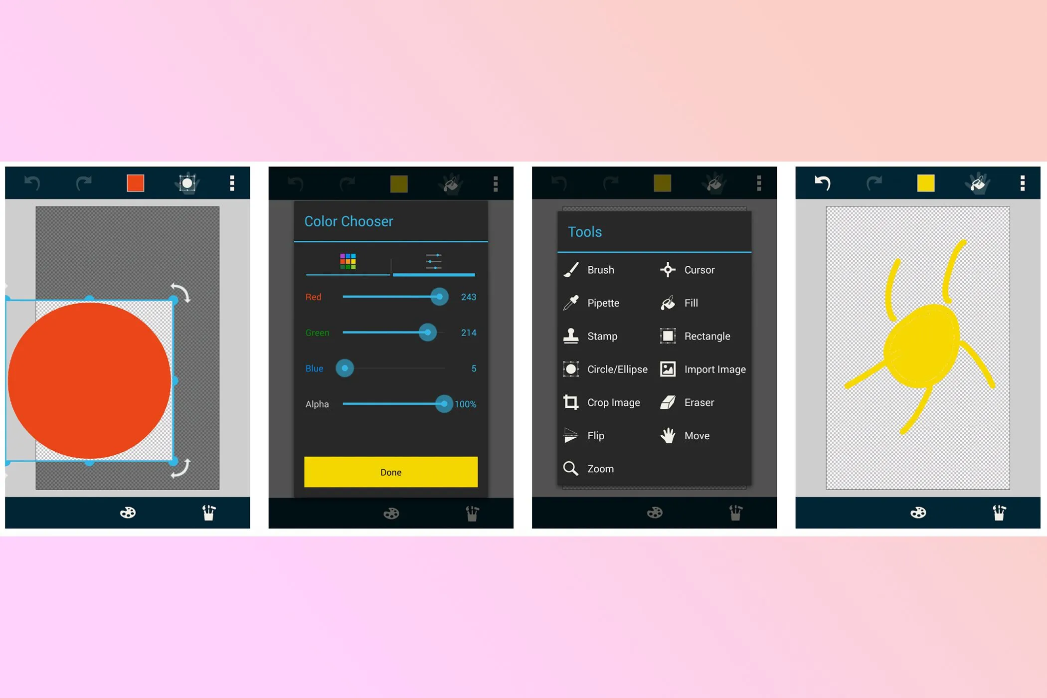 Các hình ảnh minh họa được tạo bằng ứng dụng Pocket Paint trên thiết bị Android, thể hiện khả năng vẽ và chỉnh sửa cơ bản.