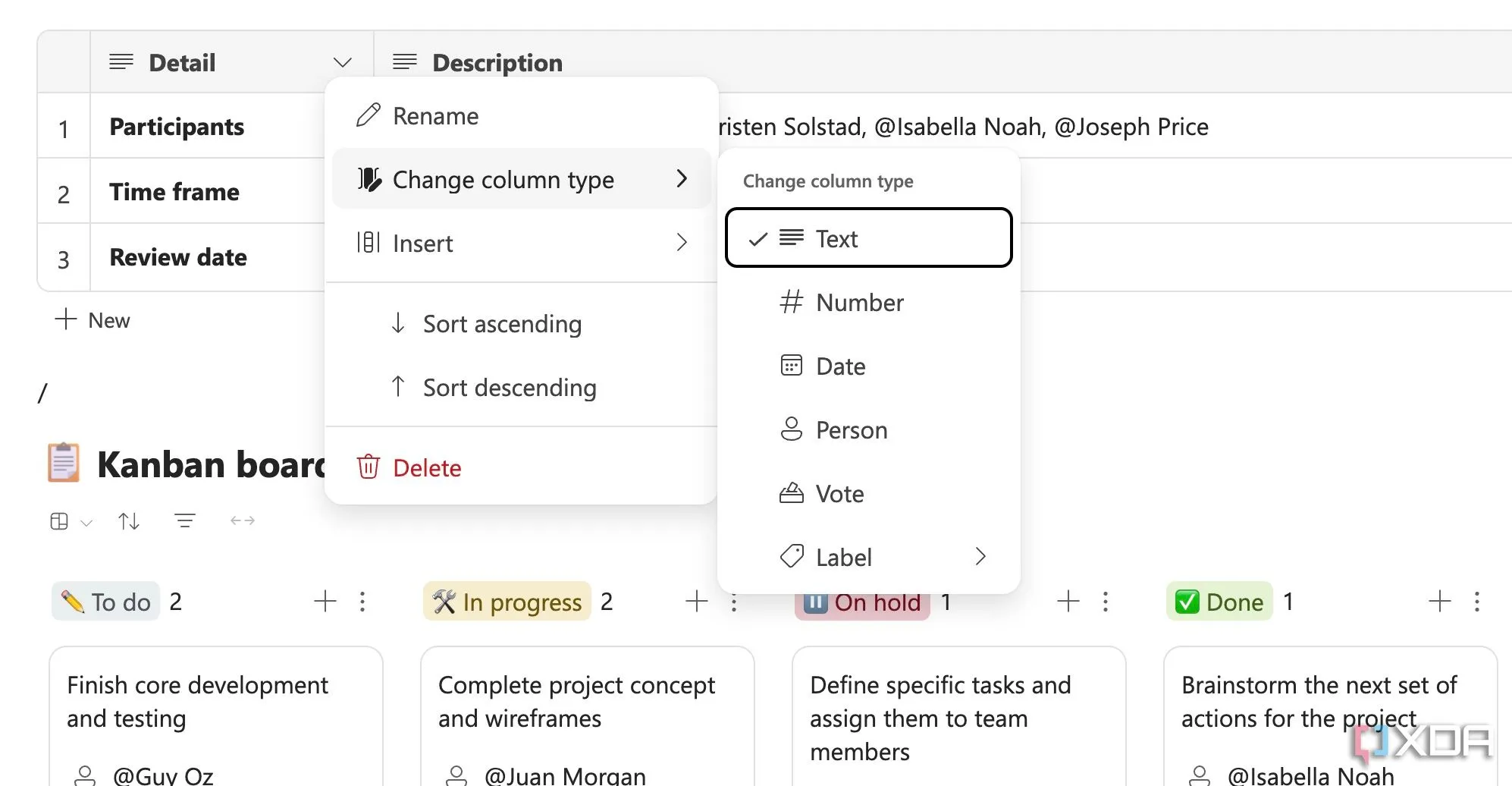 Các tùy chọn loại cột cơ bản trong tính năng cơ sở dữ liệu của Microsoft Loop.
