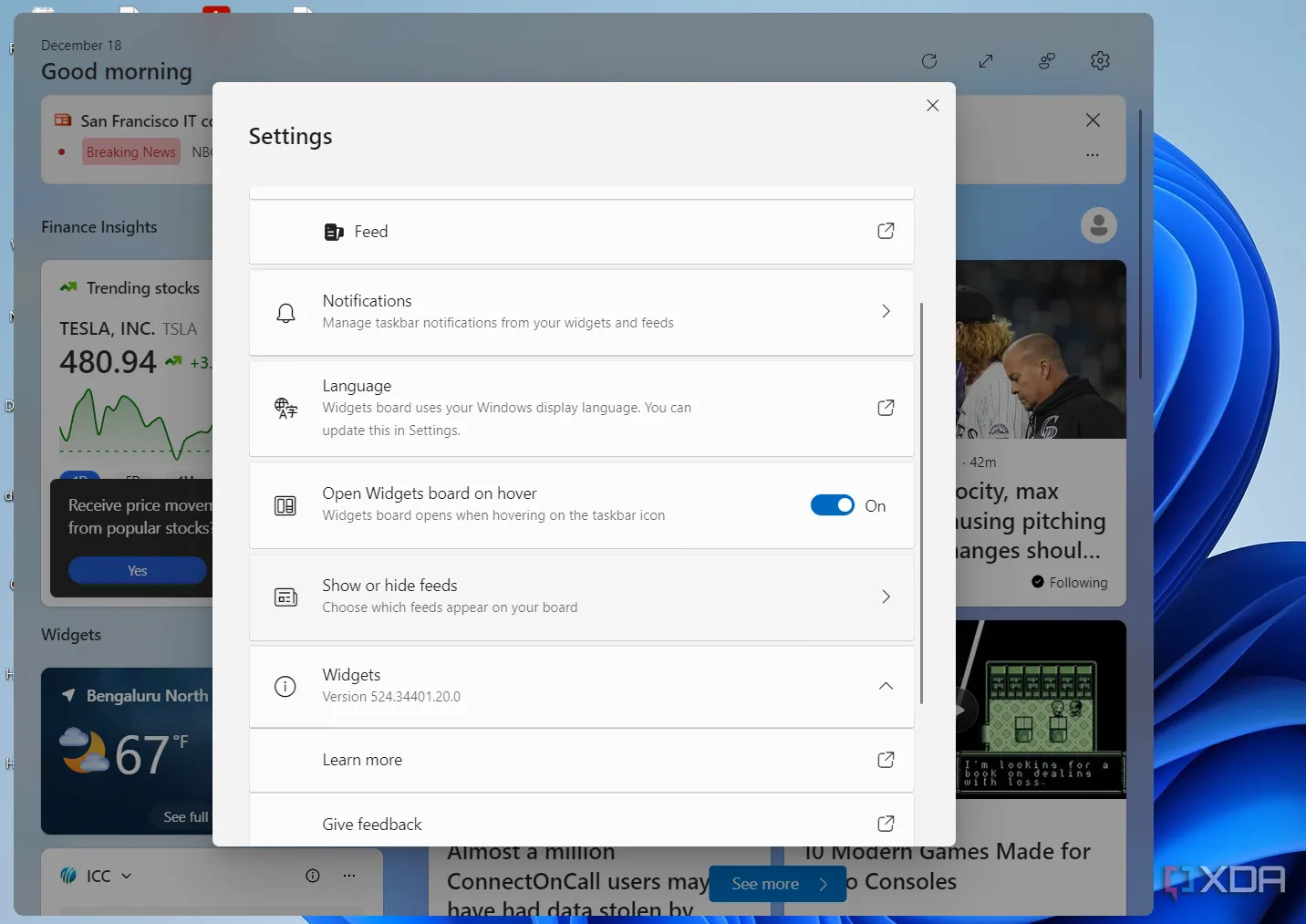 Cài đặt bảng Widget Windows 11 để ẩn nguồn cấp tin tức