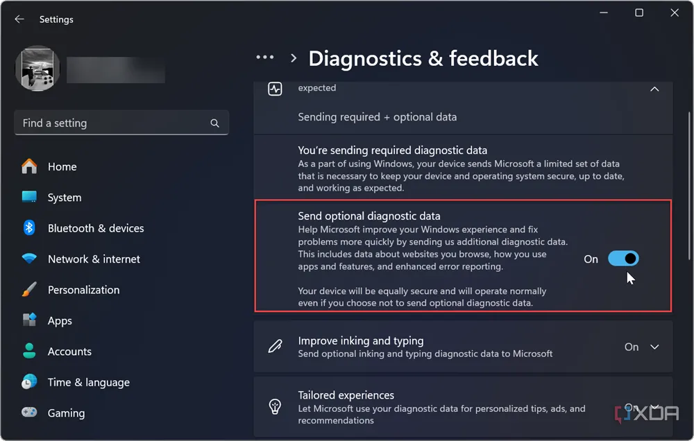 Cài đặt chẩn đoán và phản hồi trong Windows 11 để bật dữ liệu chẩn đoán