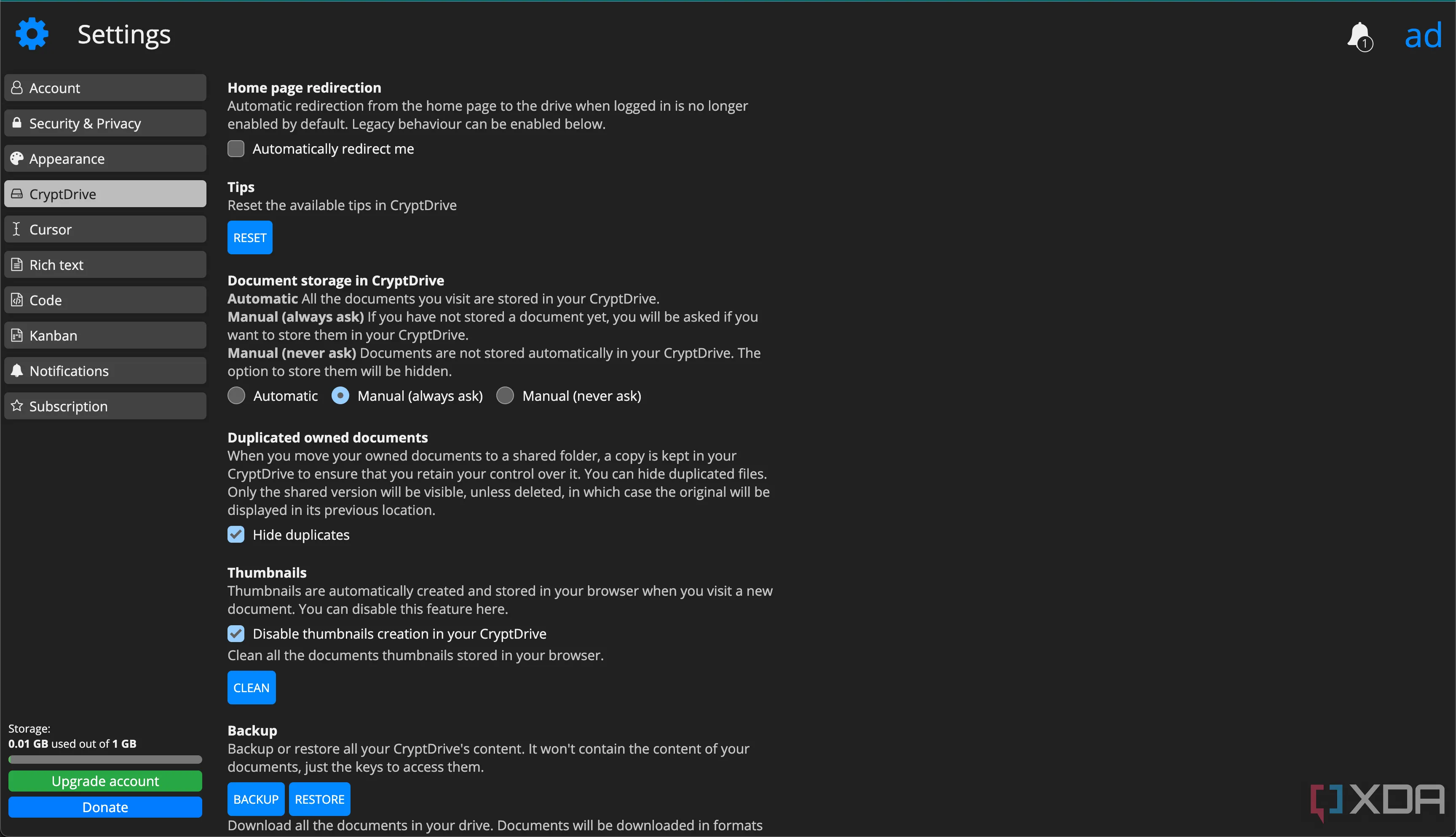 Cài đặt tài khoản CryptPad, cho phép người dùng tùy chỉnh giao diện và các tùy chọn cá nhân, nâng cao trải nghiệm sử dụng.