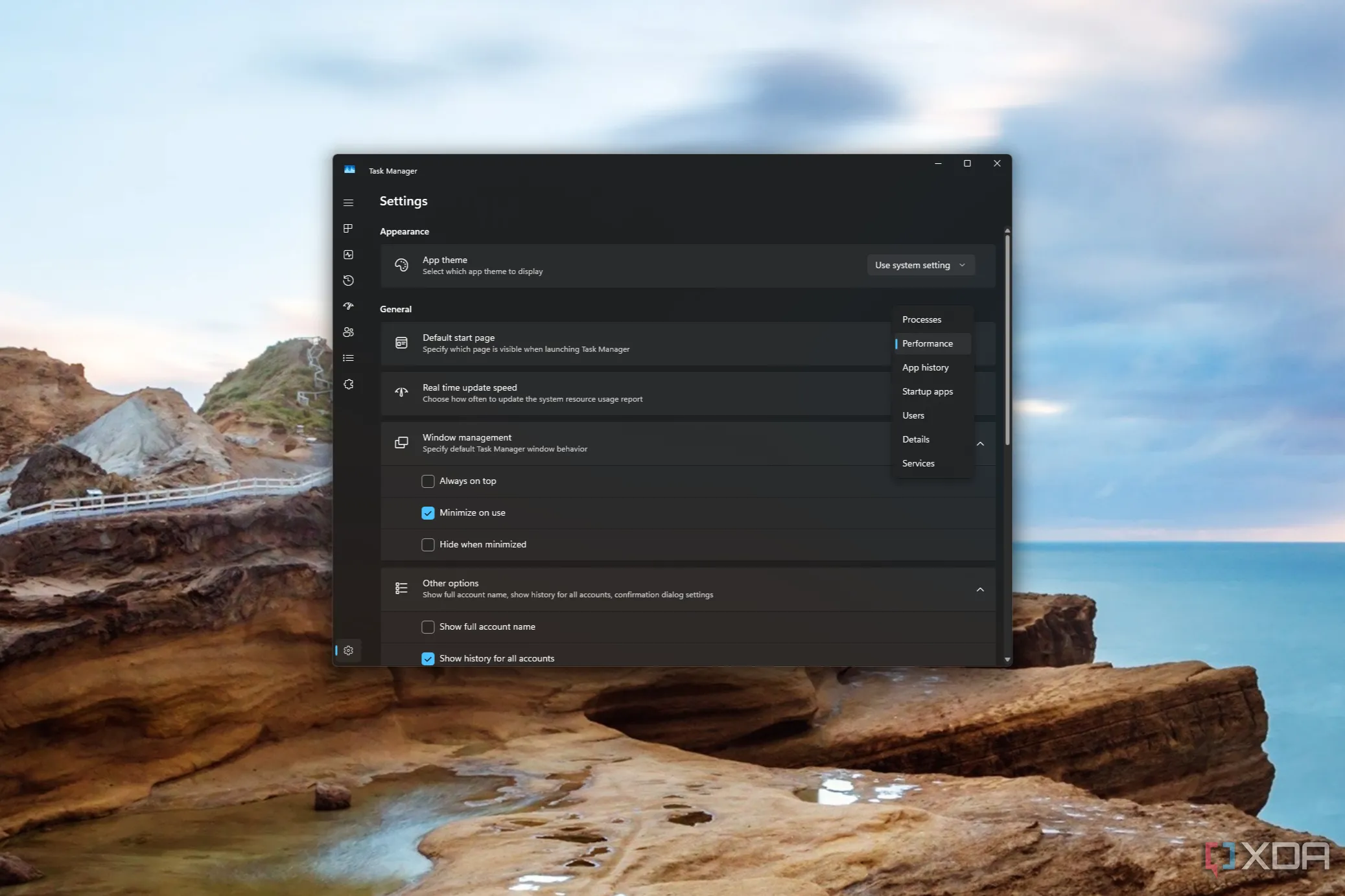 Cài đặt Task Manager hiển thị tùy chọn thay đổi trang khởi động mặc định