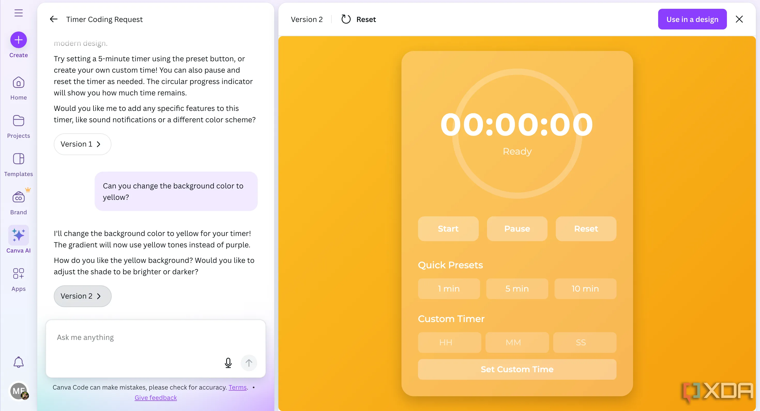 Canva Code điều chỉnh màu nền của bộ đếm thời gian thành vàng theo yêu cầu