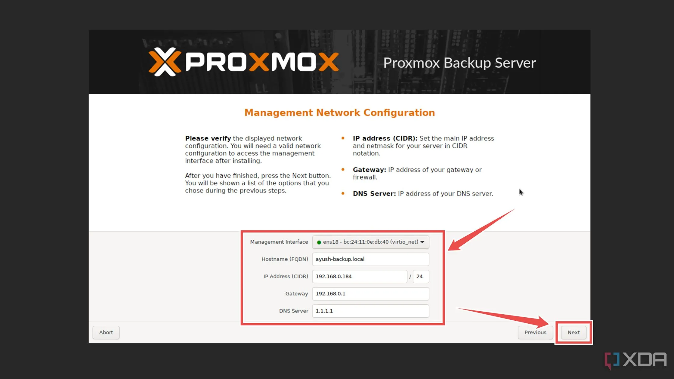 Cấu hình cài đặt mạng (IP, Gateway, DNS) cho máy chủ Proxmox Backup Server.