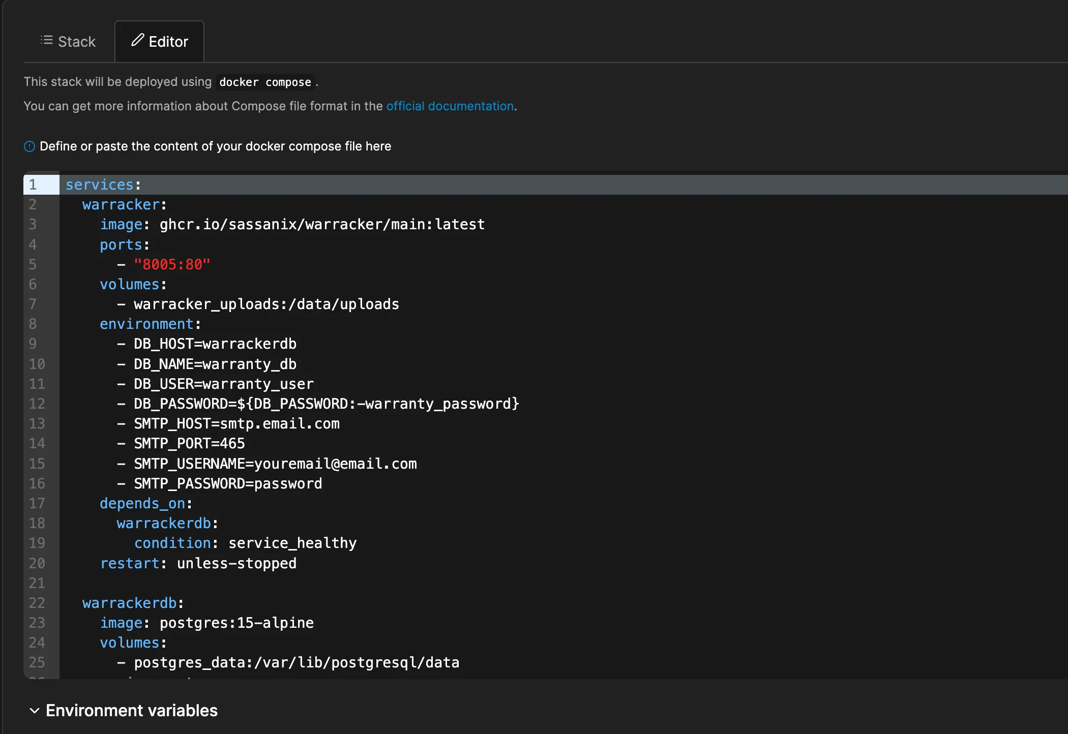 Cấu hình Docker Compose cho Warracker trong giao diện Portainer