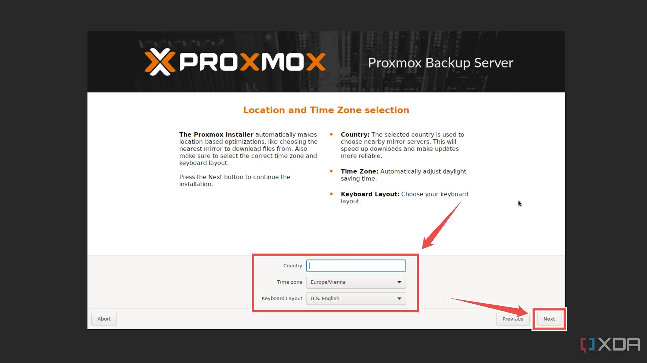Cấu hình quốc gia, múi giờ và bố cục bàn phím trong quá trình cài đặt Proxmox Backup Server.
