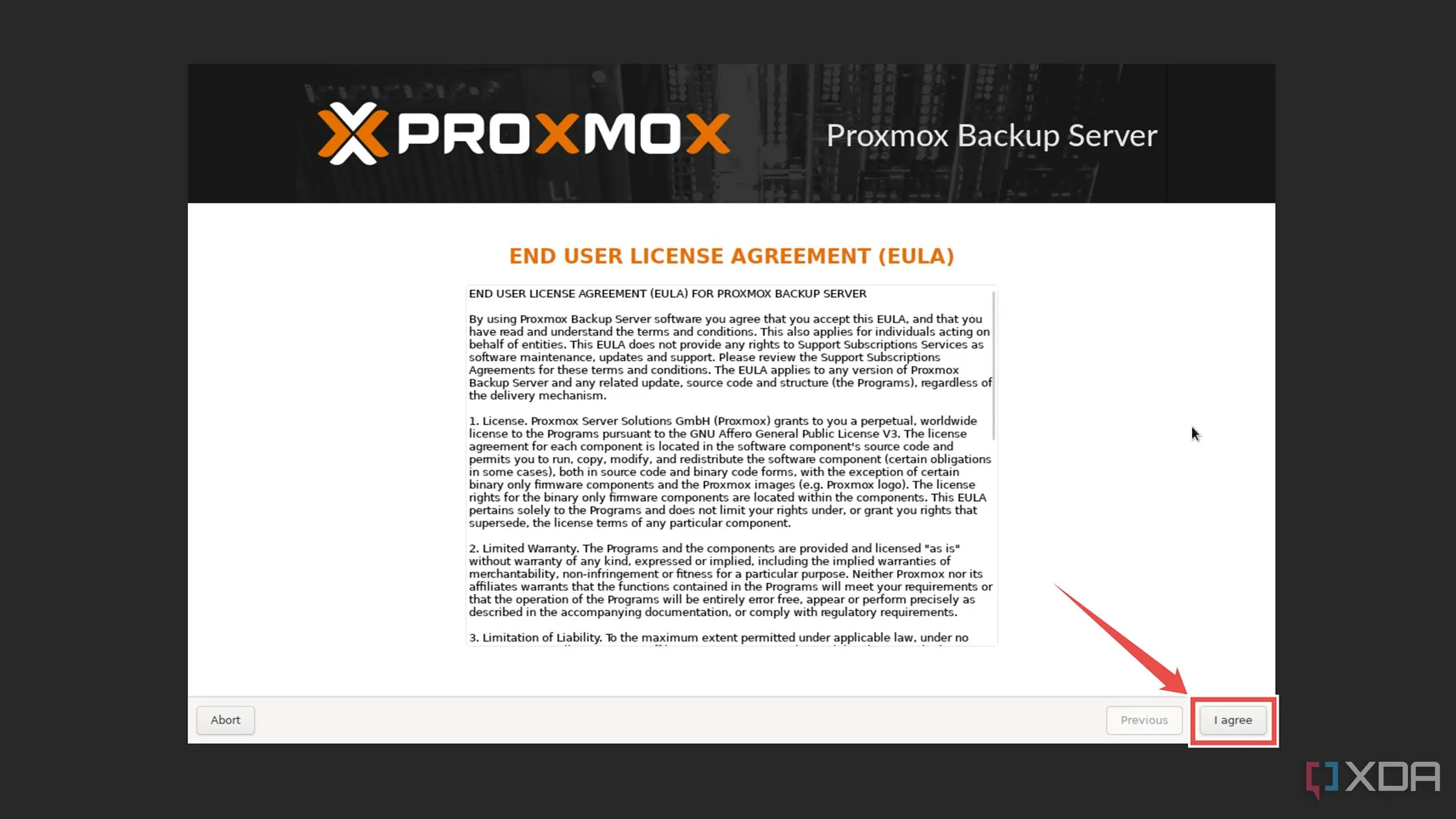 Chấp nhận Thỏa thuận Giấy phép Người dùng Cuối (EULA) trong quá trình cài đặt Proxmox Backup Server.