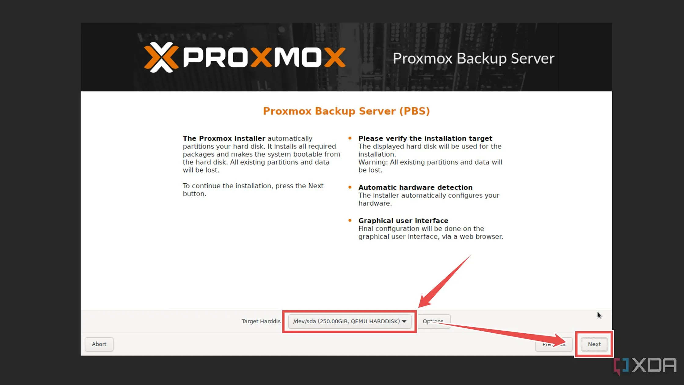 Chọn ổ đĩa đích để cài đặt hệ điều hành Proxmox Backup Server.