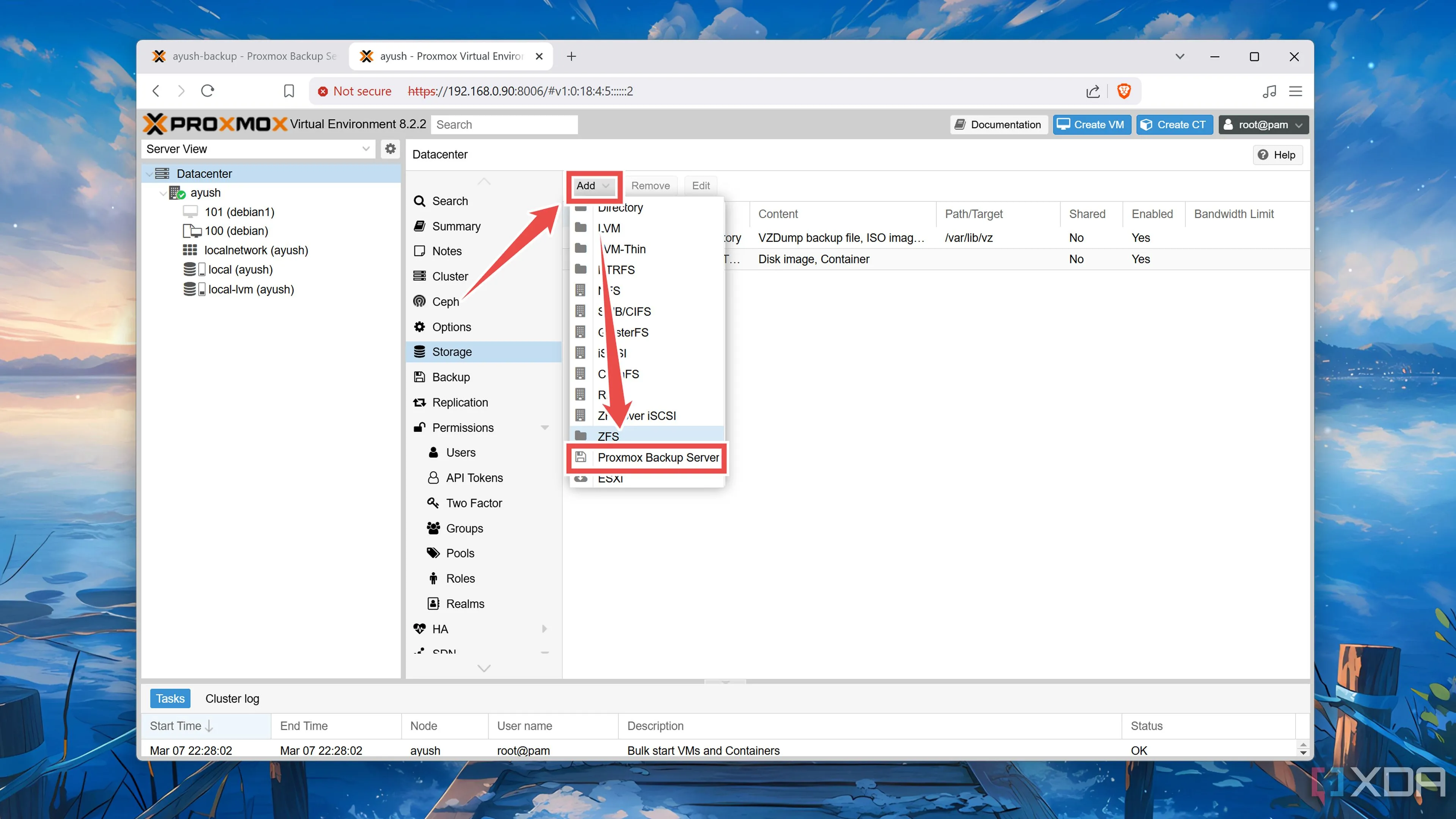 Chọn tùy chọn Proxmox Backup Server khi thêm kho lưu trữ mới trong Proxmox VE.