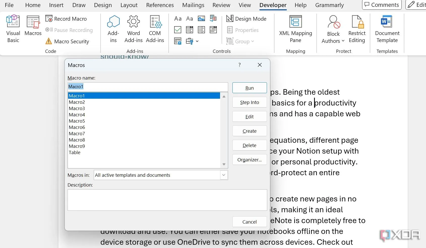 Chức năng macro trong Microsoft Word được hiển thị trên màn hình