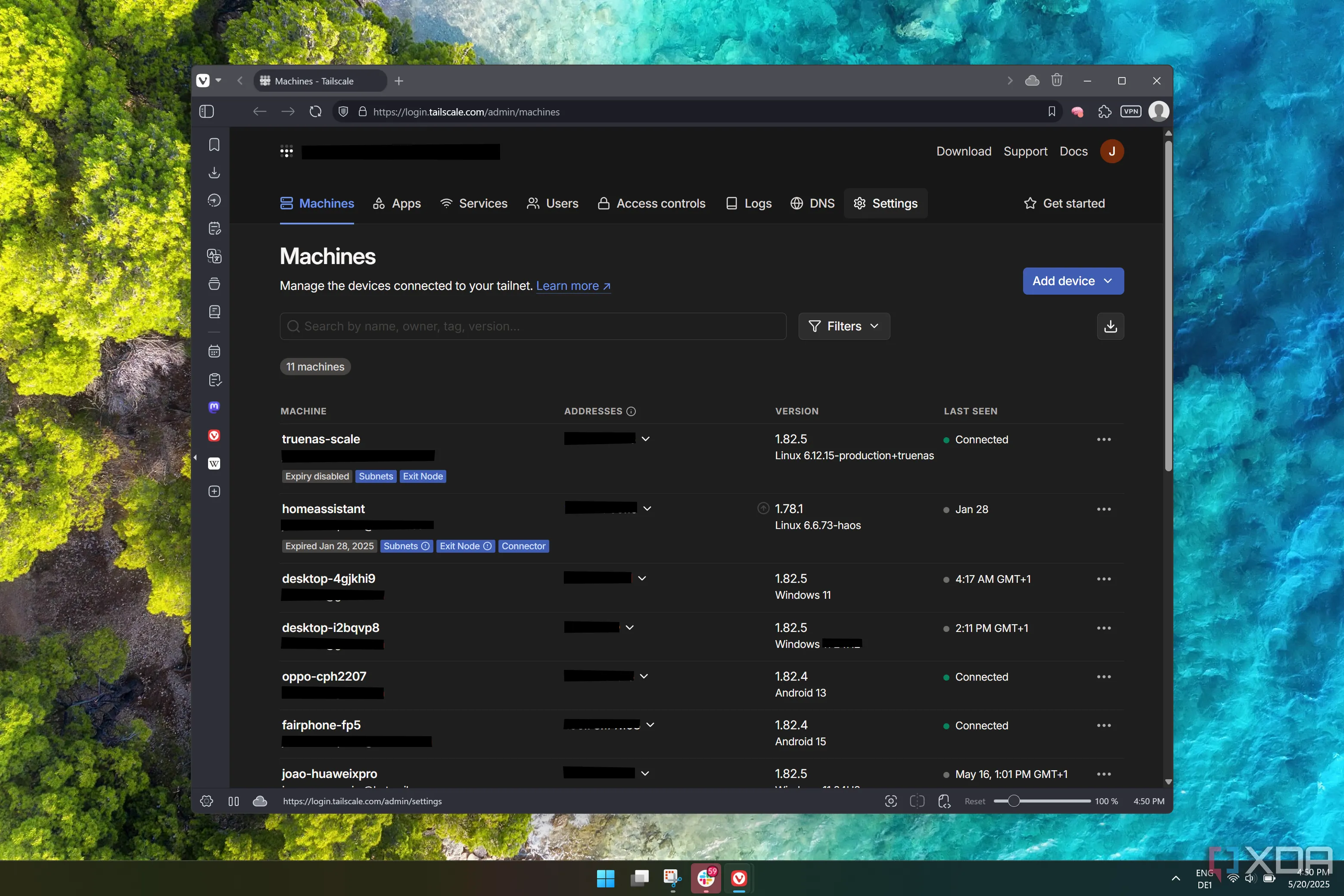 Cổng quản trị Tailscale trên trình duyệt web Windows 11 để quản lý kết nối từ xa