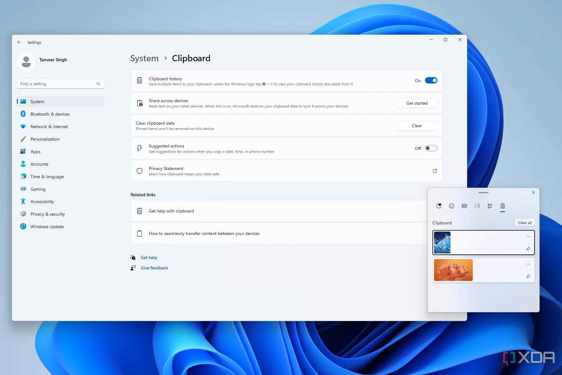 Cửa sổ cài đặt lịch sử clipboard trên Windows 11, nơi người dùng có thể kích hoạt tính năng đồng bộ và quản lý các tùy chọn.