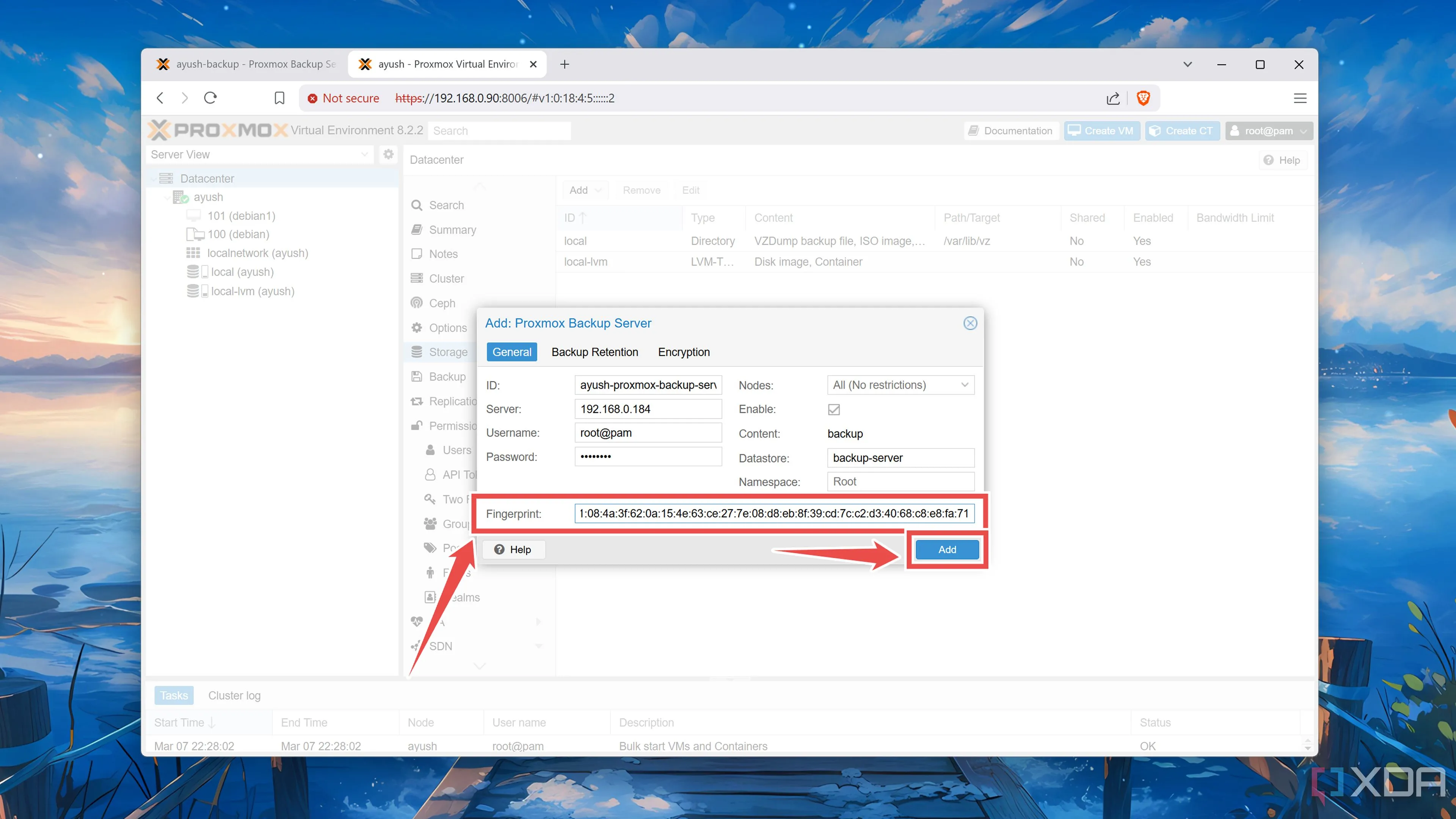 Dán mã Fingerprint và hoàn tất việc thêm Proxmox Backup Server vào hệ thống Proxmox VE.