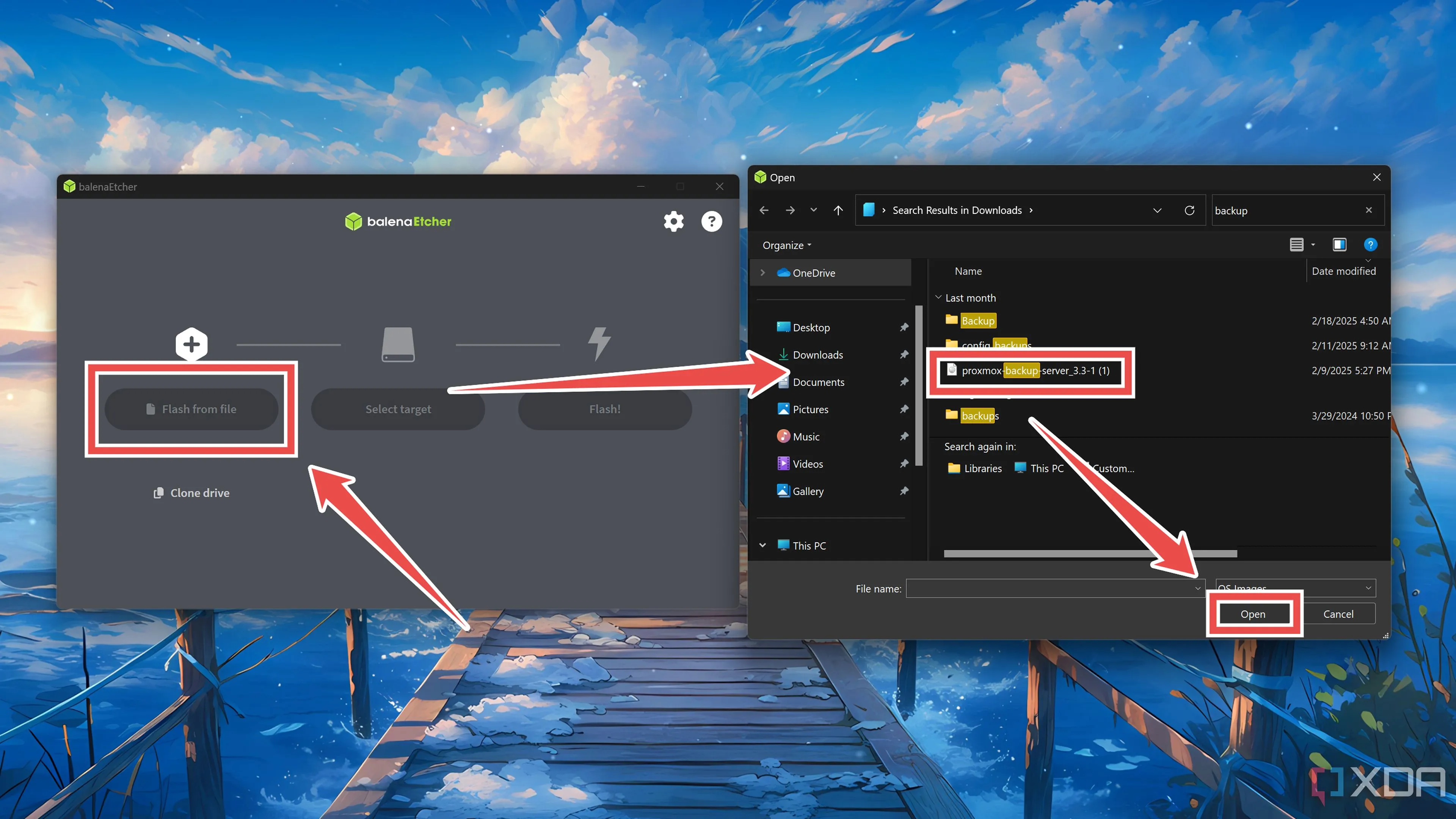 Giao diện Balena Etcher chọn file ISO Proxmox Backup Server để tạo USB bootable.