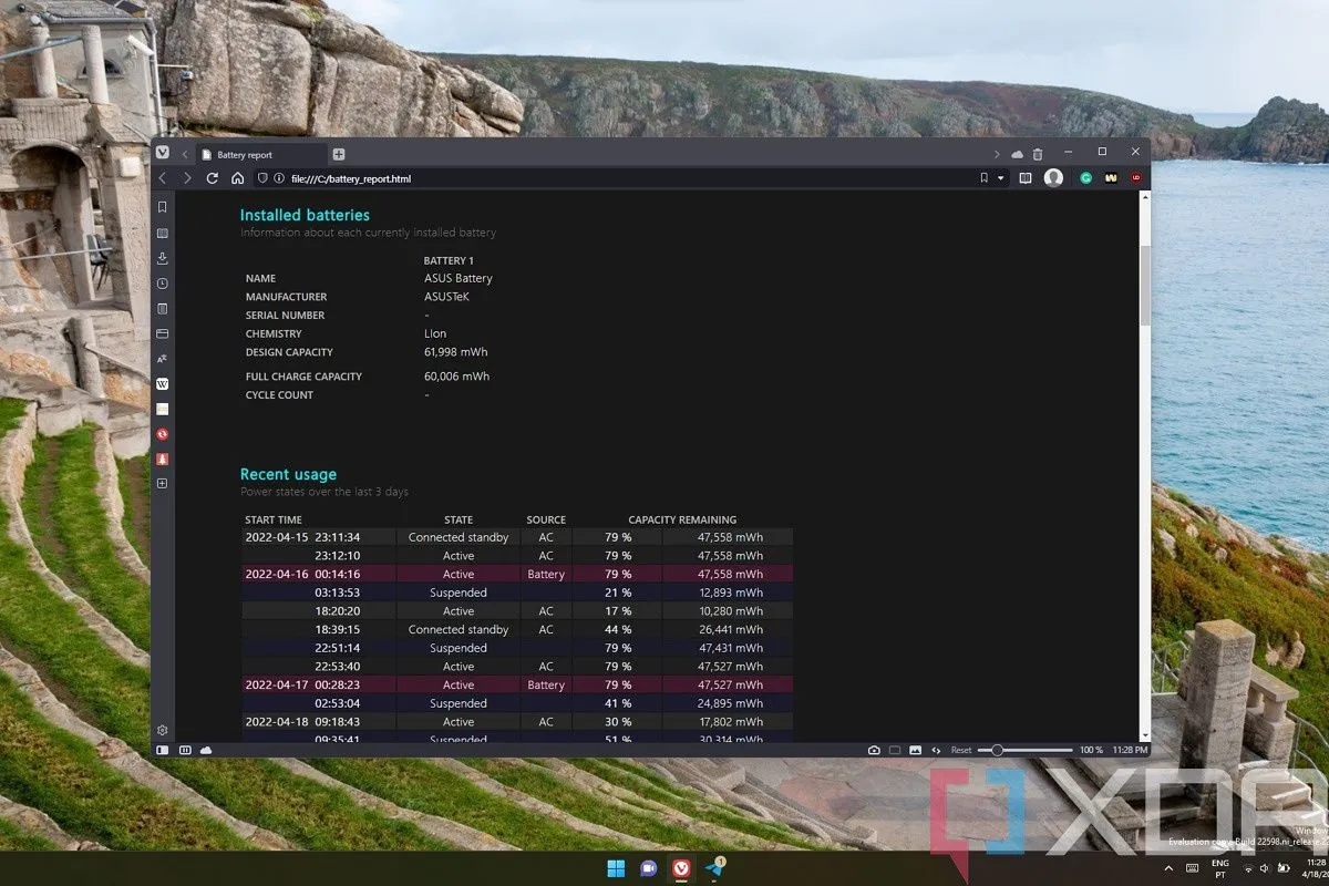 Giao diện báo cáo pin chi tiết trên Windows 11 hiển thị dung lượng và lịch sử sử dụng