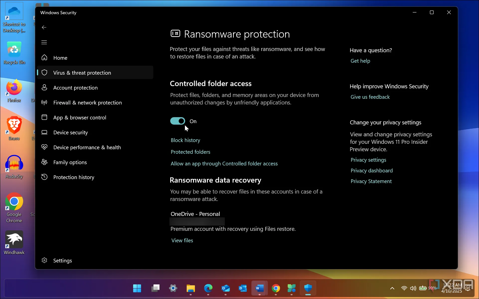 Giao diện bật bảo vệ chống ransomware qua Controlled Folder Access