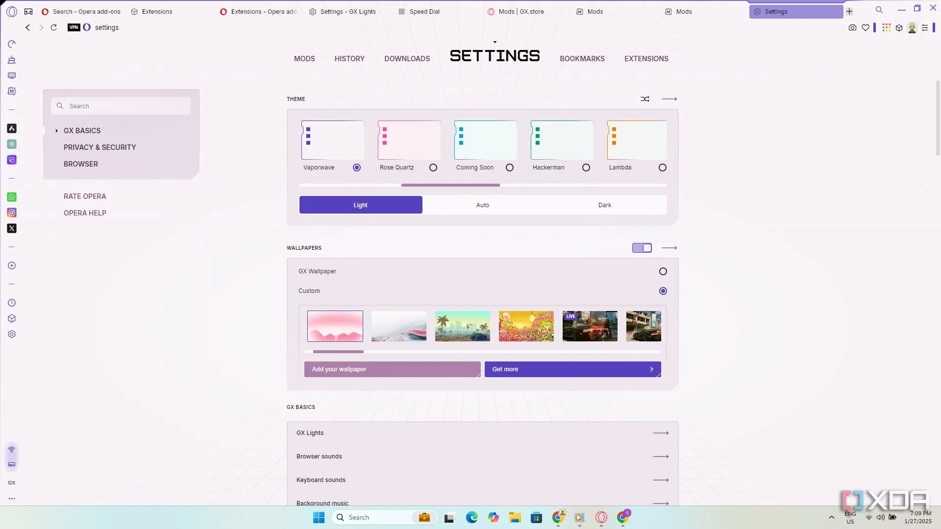 Giao diện cài đặt của một trình duyệt web, minh họa khả năng tùy chỉnh và quản lý tính năng.