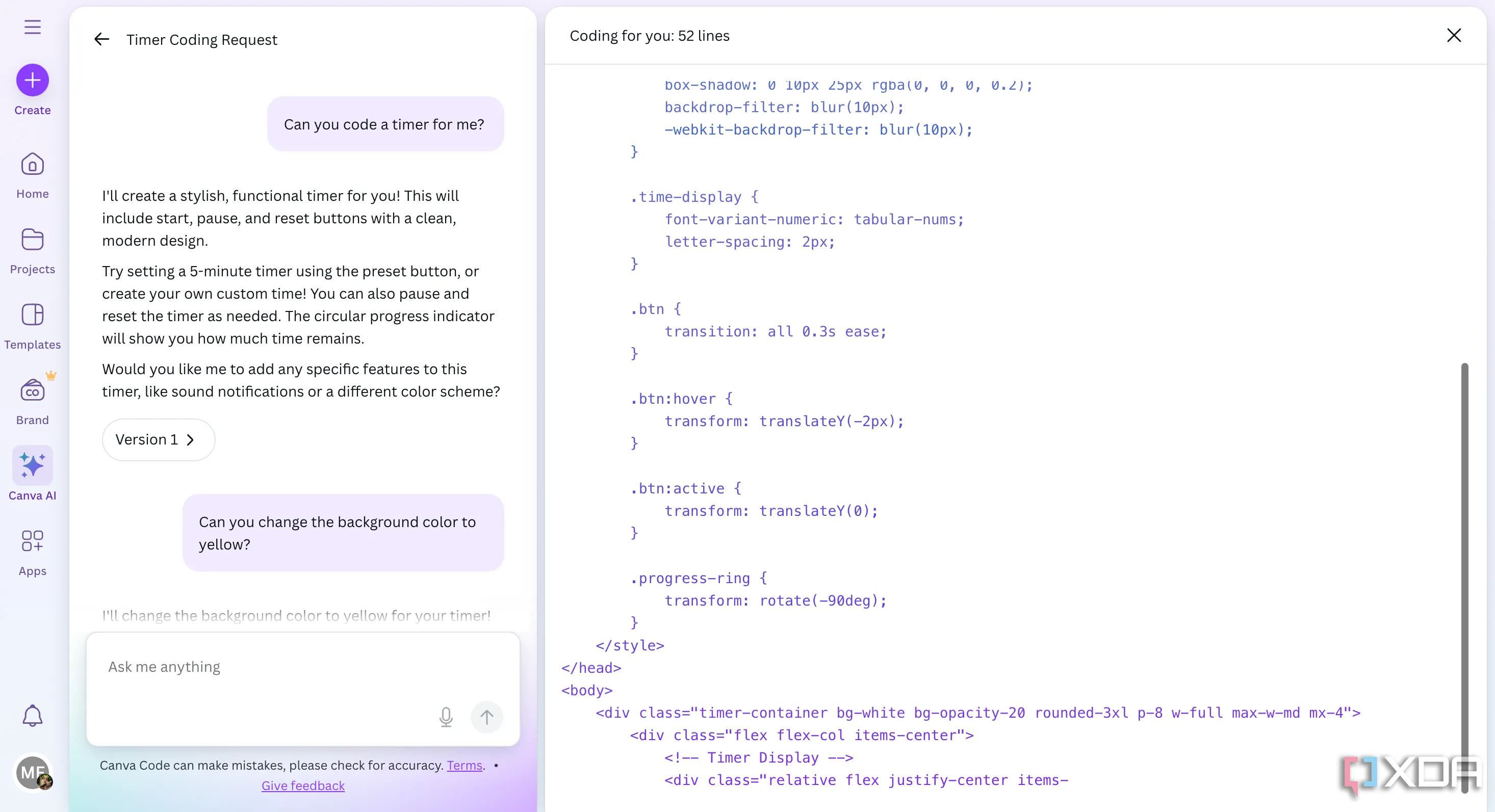 Giao diện Canva Code cho phép xem và chỉnh sửa đoạn mã nguồn đã tạo