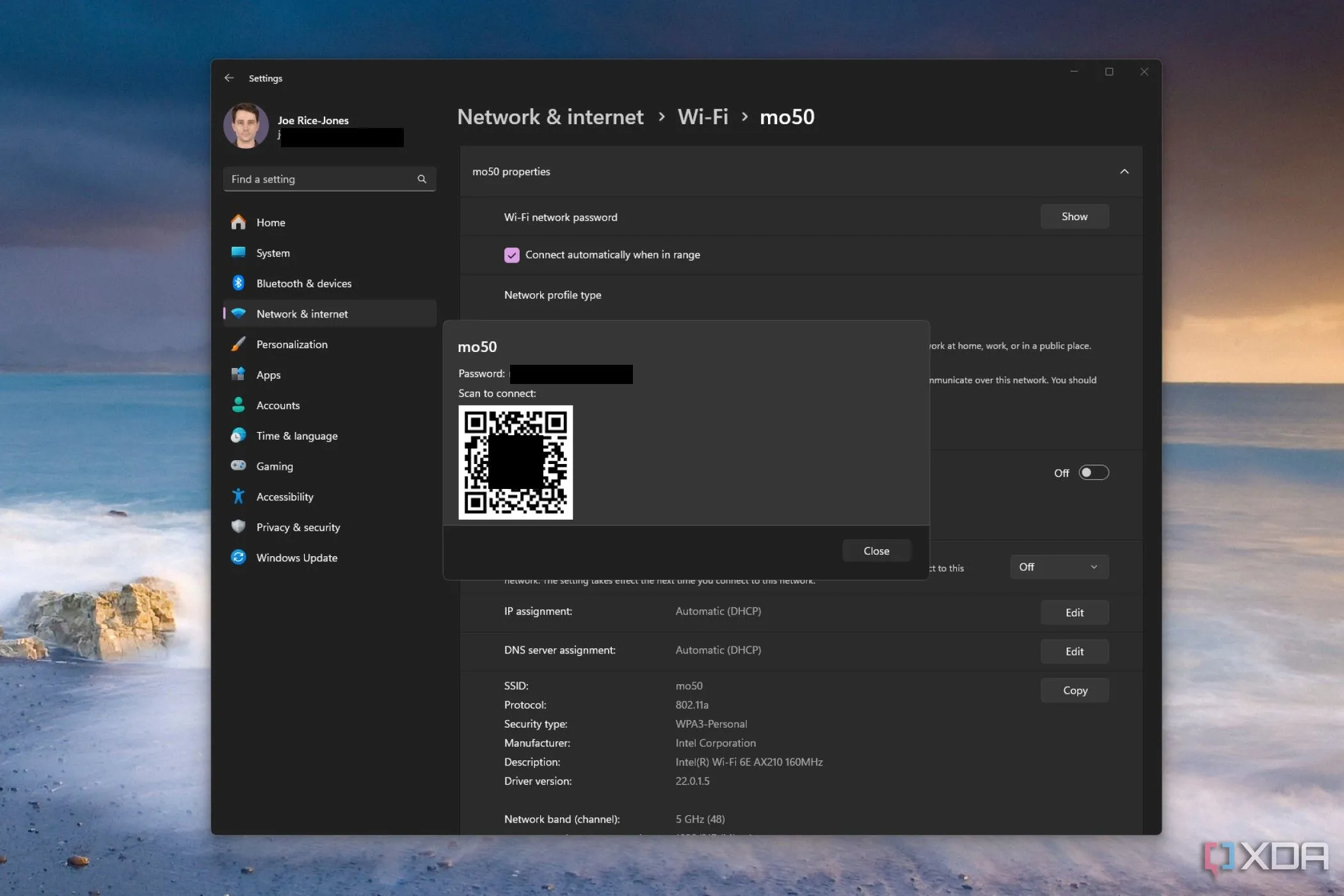 Giao diện chia sẻ mật khẩu Wi-Fi bằng mã QR trong Windows 11 phiên bản 24H2.