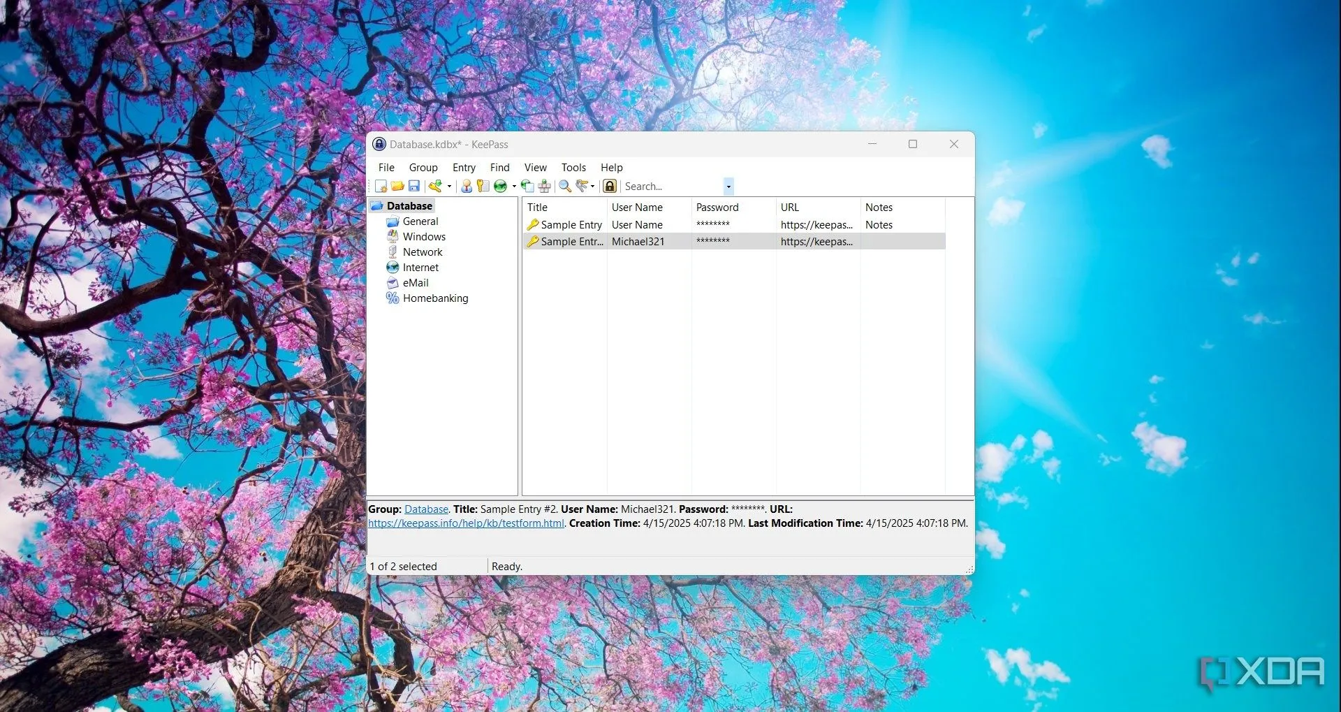 Giao diện chính của phần mềm quản lý mật khẩu KeePass trên Windows 11