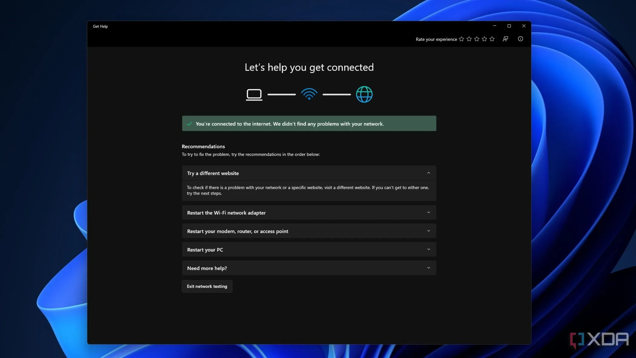 Giao diện công cụ chẩn đoán mạng trong cài đặt Windows 11, hiển thị các đề xuất khắc phục sự cố.