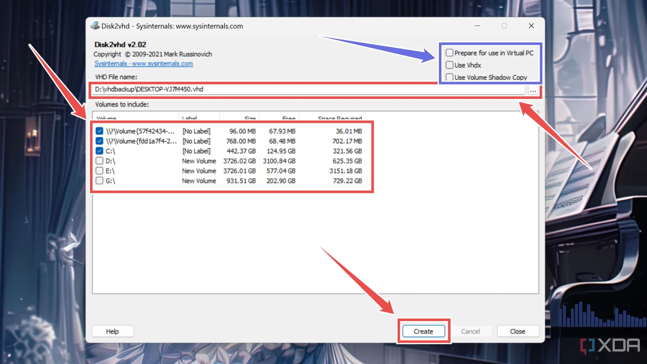 Giao diện Disk2vhd chọn ổ đĩa và thư mục lưu file VHD để ảo hóa Windows 11