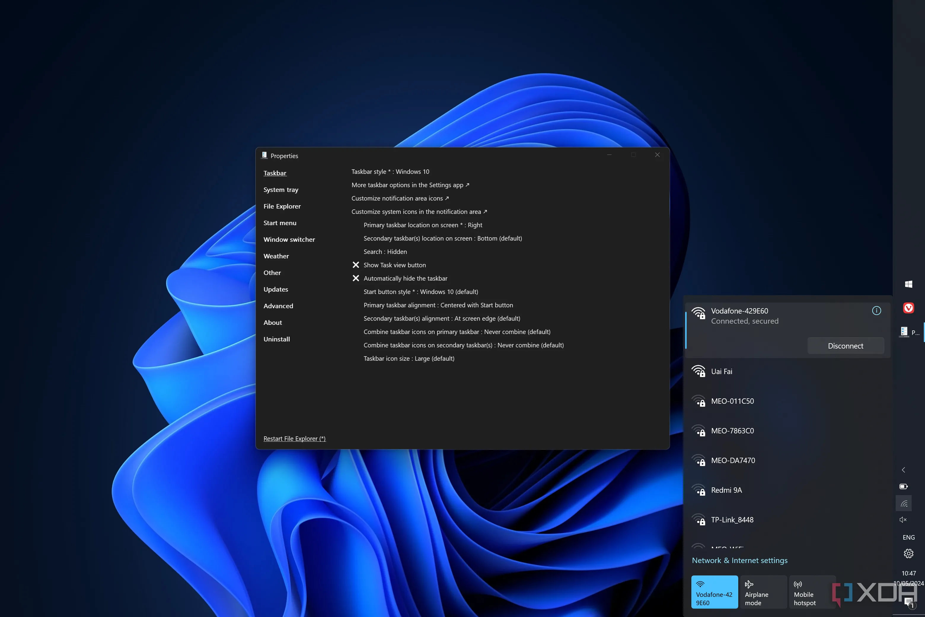 Giao diện ExplorerPatcher hiển thị các tùy chỉnh Taskbar