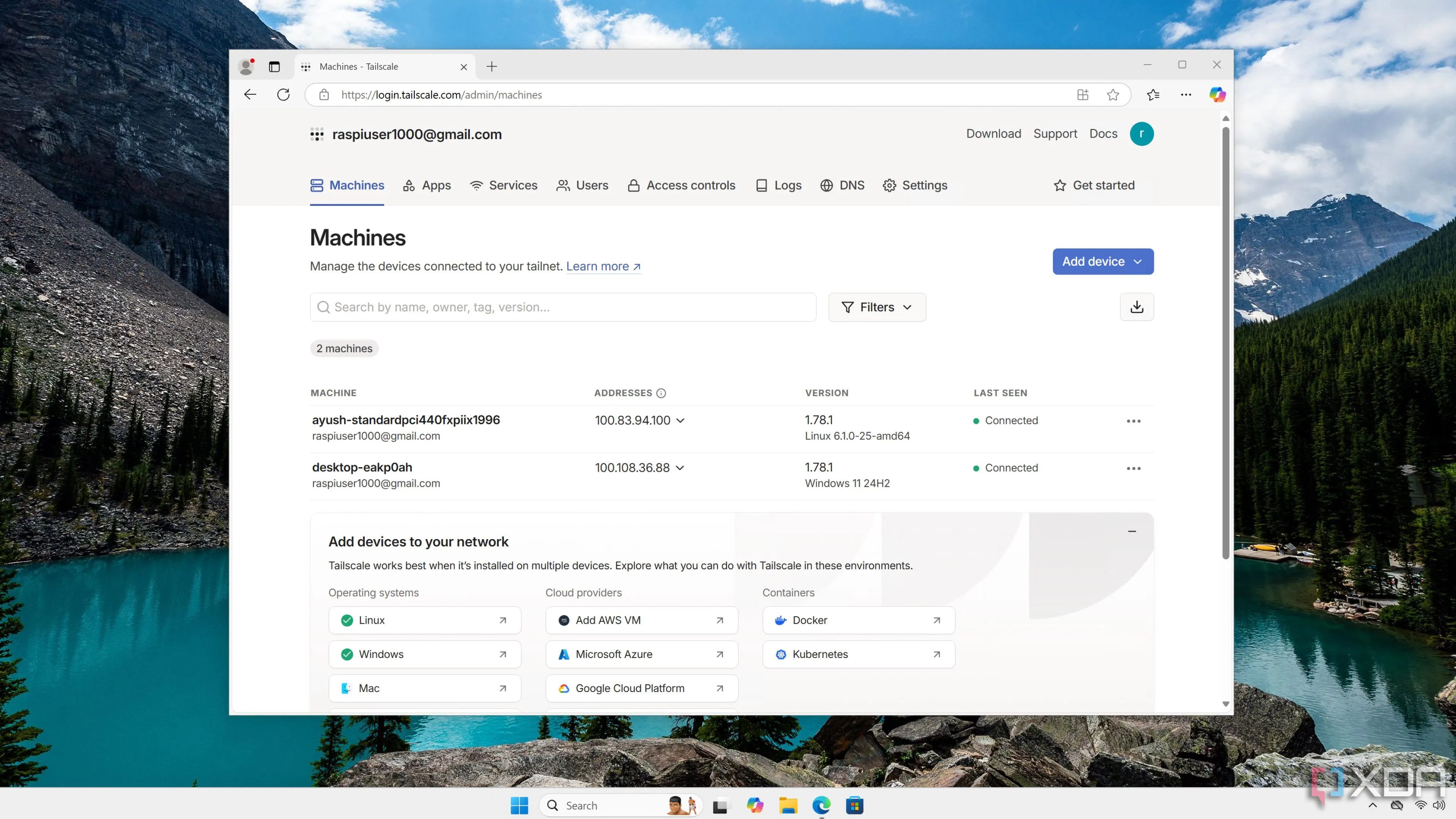 Giao diện người dùng web của Tailscale, minh họa việc thiết lập truy cập từ xa cho máy chủ cá nhân