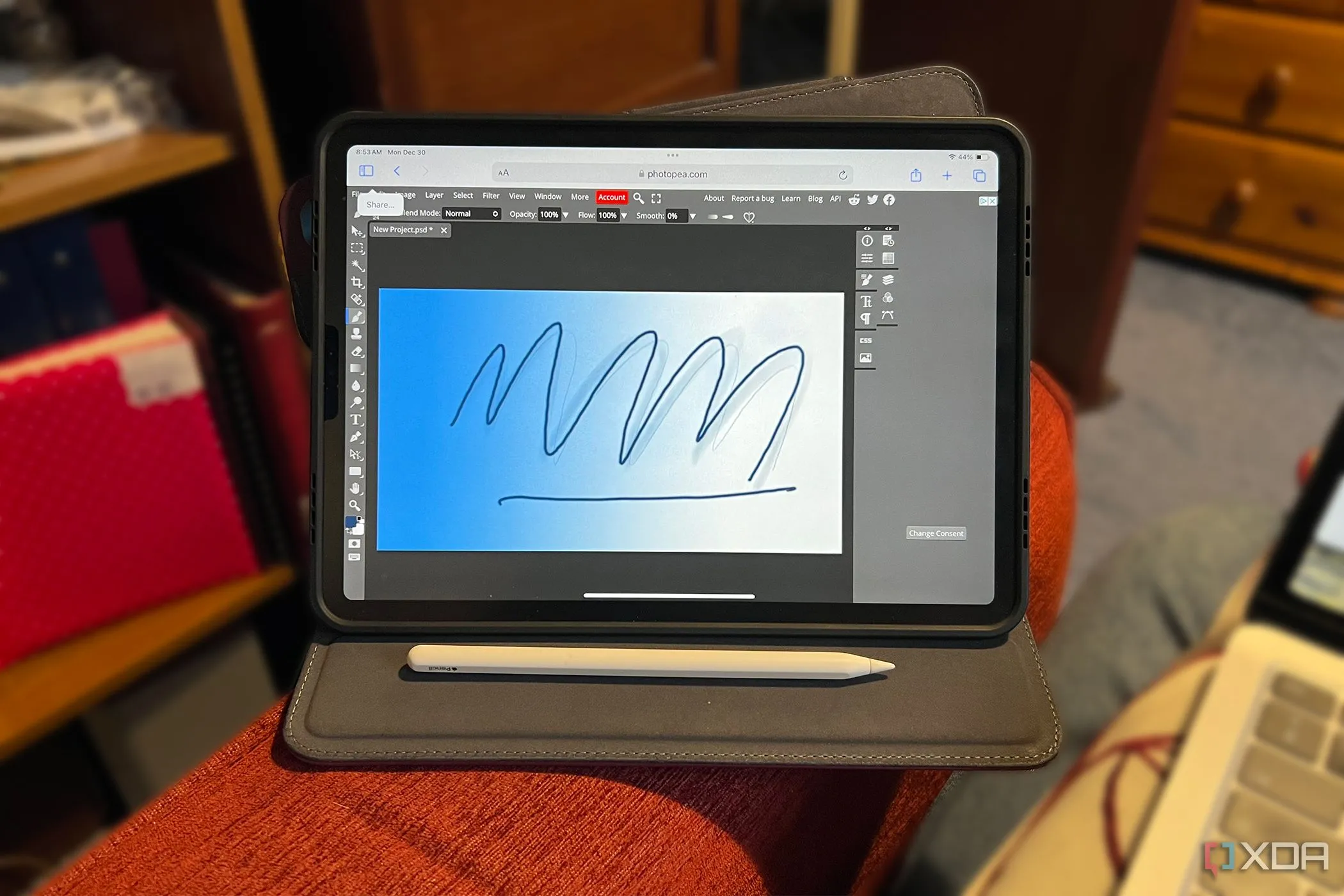 Giao diện Photopea đang chạy trên iPad Pro với Apple Pencil, minh họa trải nghiệm chỉnh sửa ảnh trực quan trên nền web.