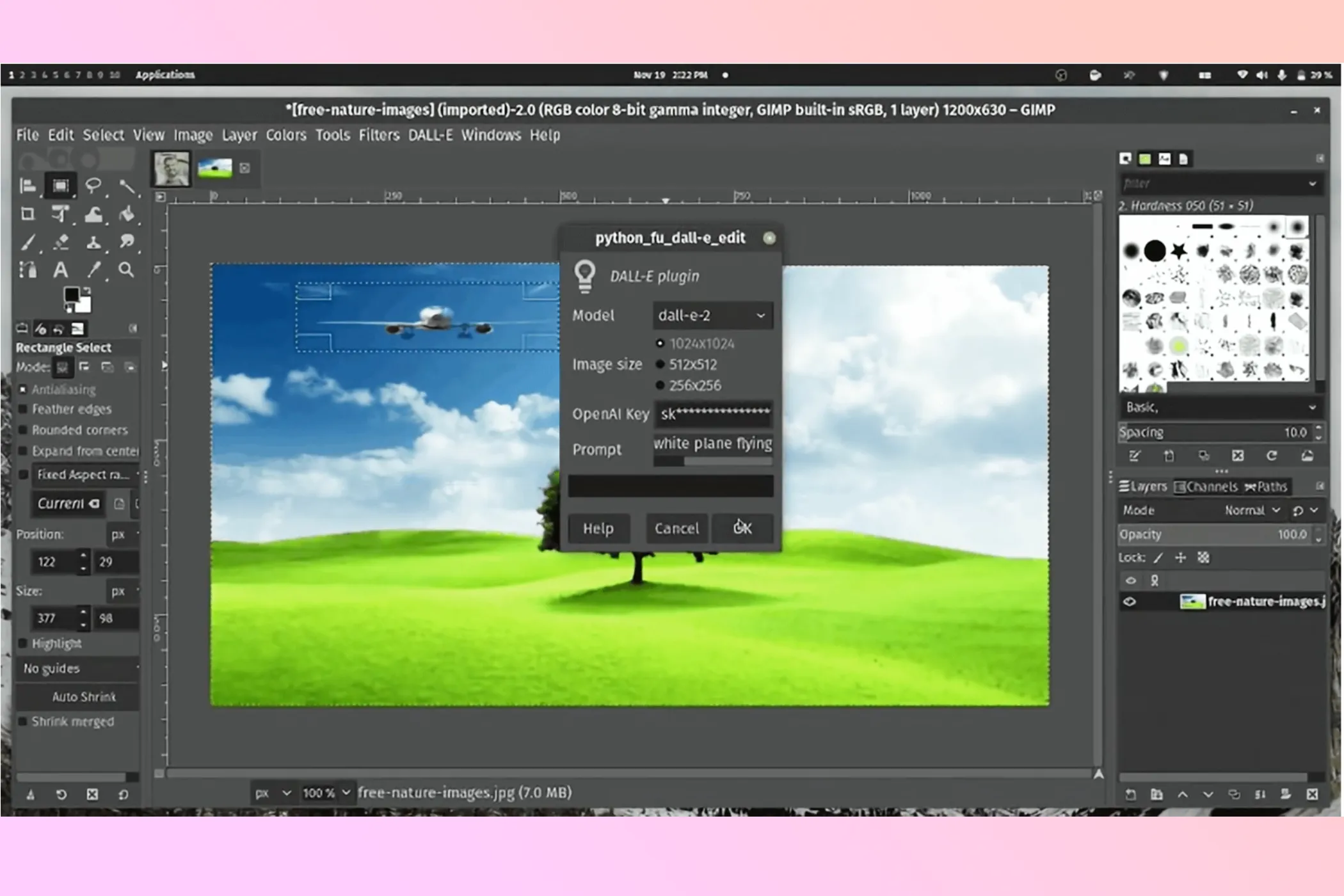 Giao diện plugin DALL-E cho GIMP với thanh nhập prompt tạo ảnh AI