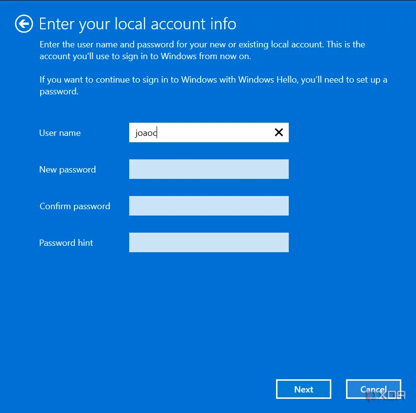 Giao diện thiết lập thông tin tài khoản cục bộ trên Windows 11, một tùy chọn để sử dụng máy tính mà không cần tài khoản Microsoft.