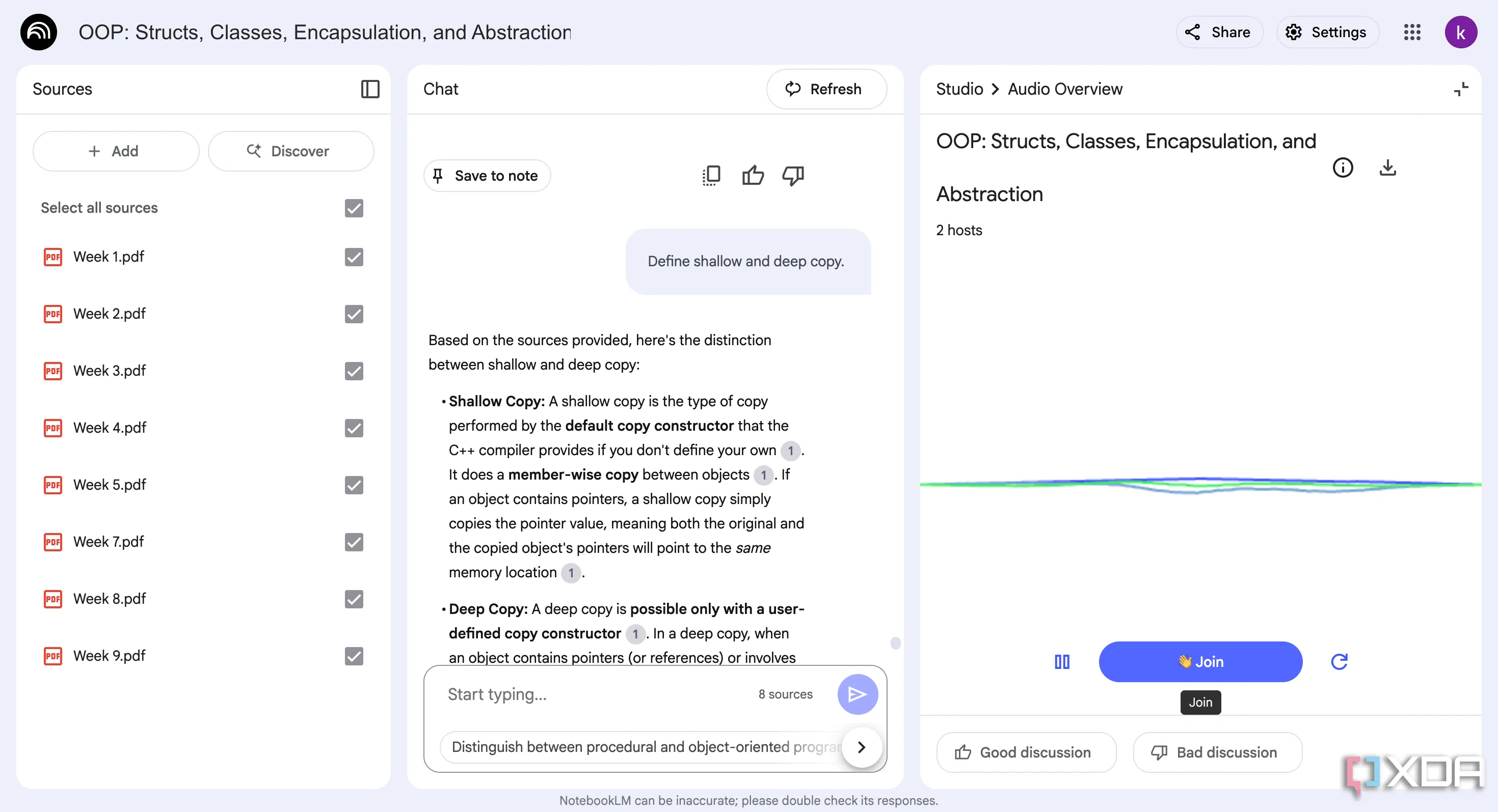 Giao diện tương tác của Audio Overview trong Google NotebookLM, hiển thị tùy chọn &quot;Join&quot; để người dùng tham gia và đặt câu hỏi cho podcast AI.