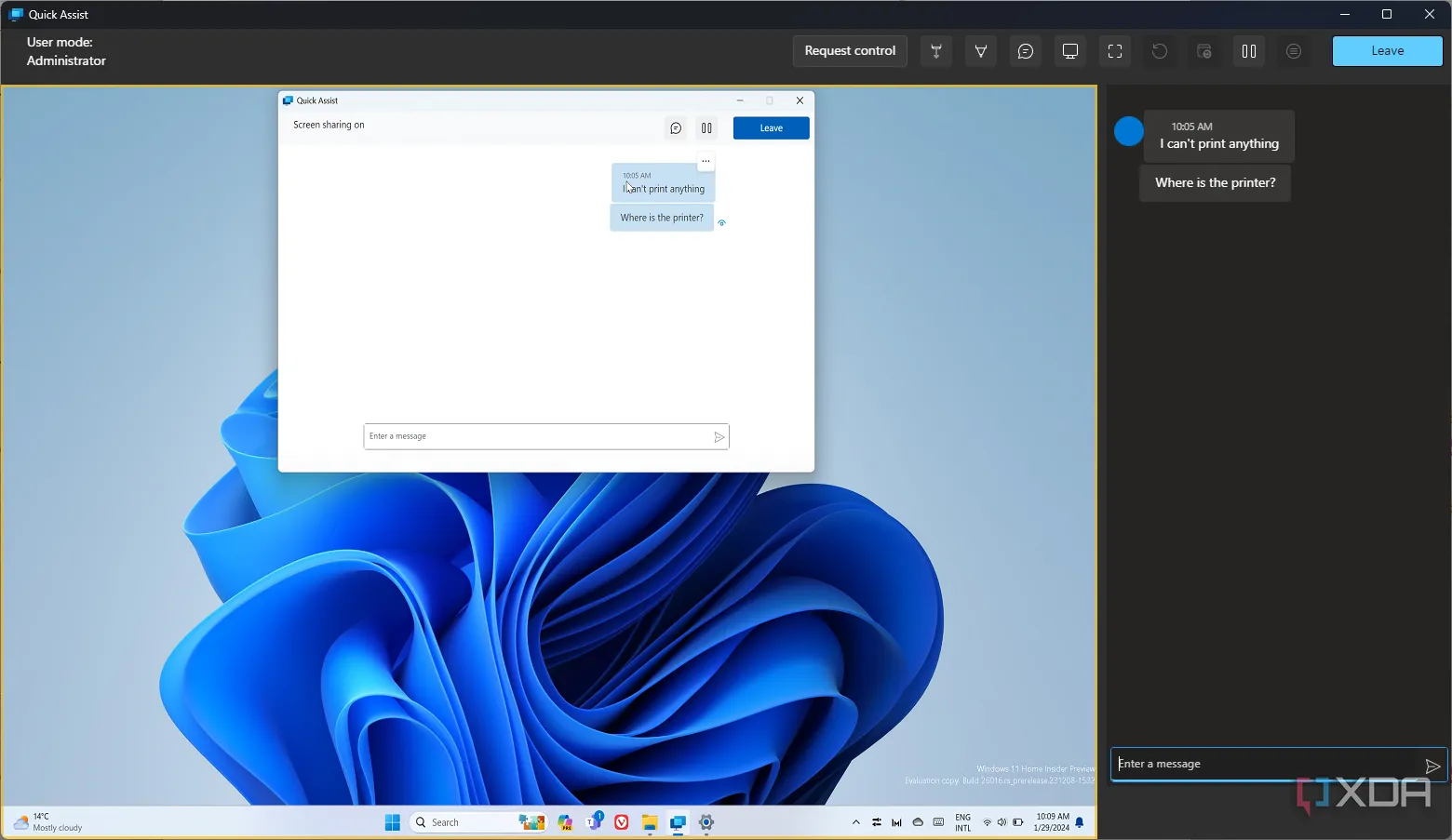 Giao diện ứng dụng Quick Assist trong Windows 11, hiển thị hộp thoại chat và tùy chọn hỗ trợ từ xa.
