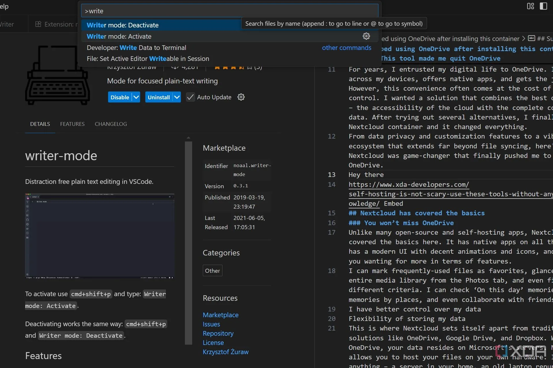 Giao diện VS Code với Writer Mode được kích hoạt, tập trung vào văn bản giúp người viết loại bỏ xao nhãng.