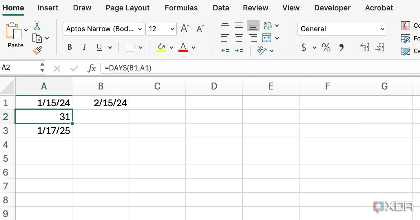 Hàm DAYS trong Excel tính toán số ngày giữa hai mốc thời gian