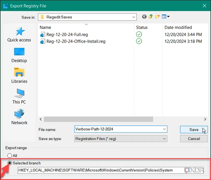 Hộp thoại Export Registry File trong Windows hiển thị tùy chọn &quot;Selected branch&quot; được đánh dấu để sao lưu một đường dẫn Registry cụ thể, đảm bảo chỉ sao lưu phần cần thiết.