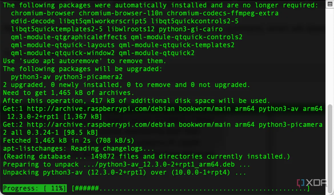 Kết quả lệnh sudo apt upgrade -y trên Terminal của Raspberry Pi, hoàn tất quá trình nâng cấp hệ thống