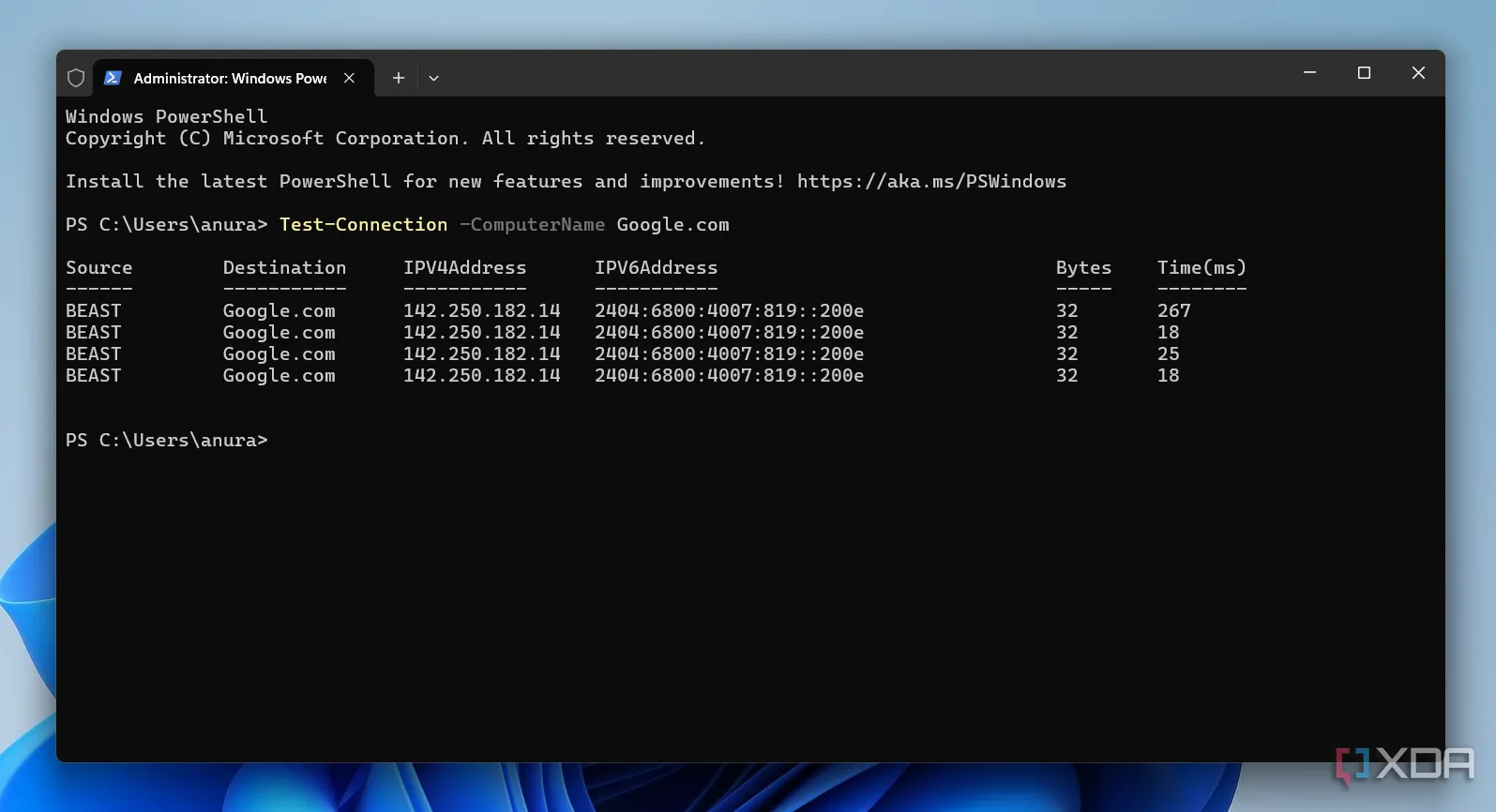 Kết quả lệnh Test-Connection trong PowerShell kiểm tra khả năng kết nối mạng đến một địa chỉ