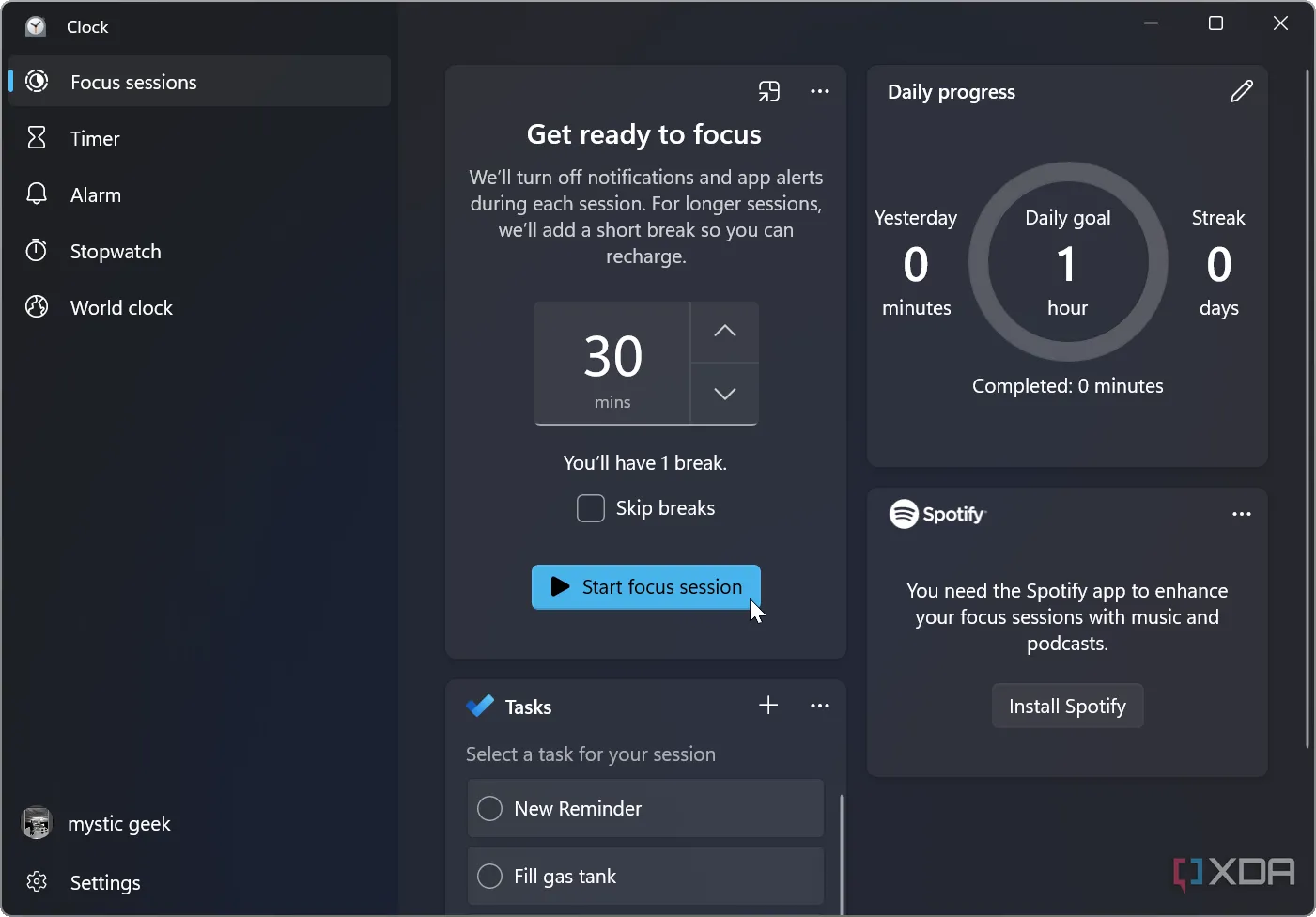 Khởi động Phiên làm việc tập trung (Focus Session) trong ứng dụng Đồng hồ Windows 11