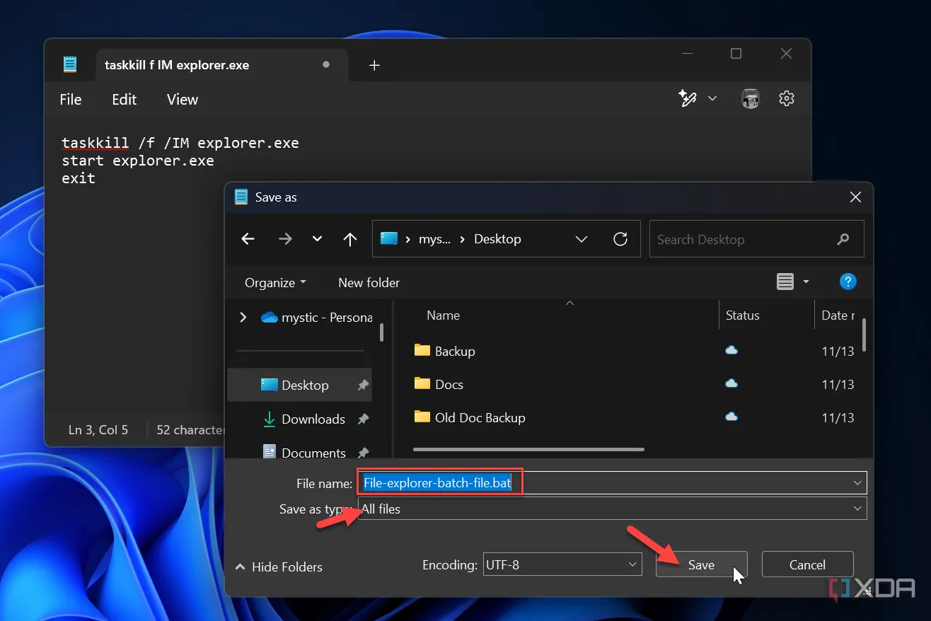Lưu tệp tin batch (.bat) trong File Explorer để khởi động lại khi hệ thống treo