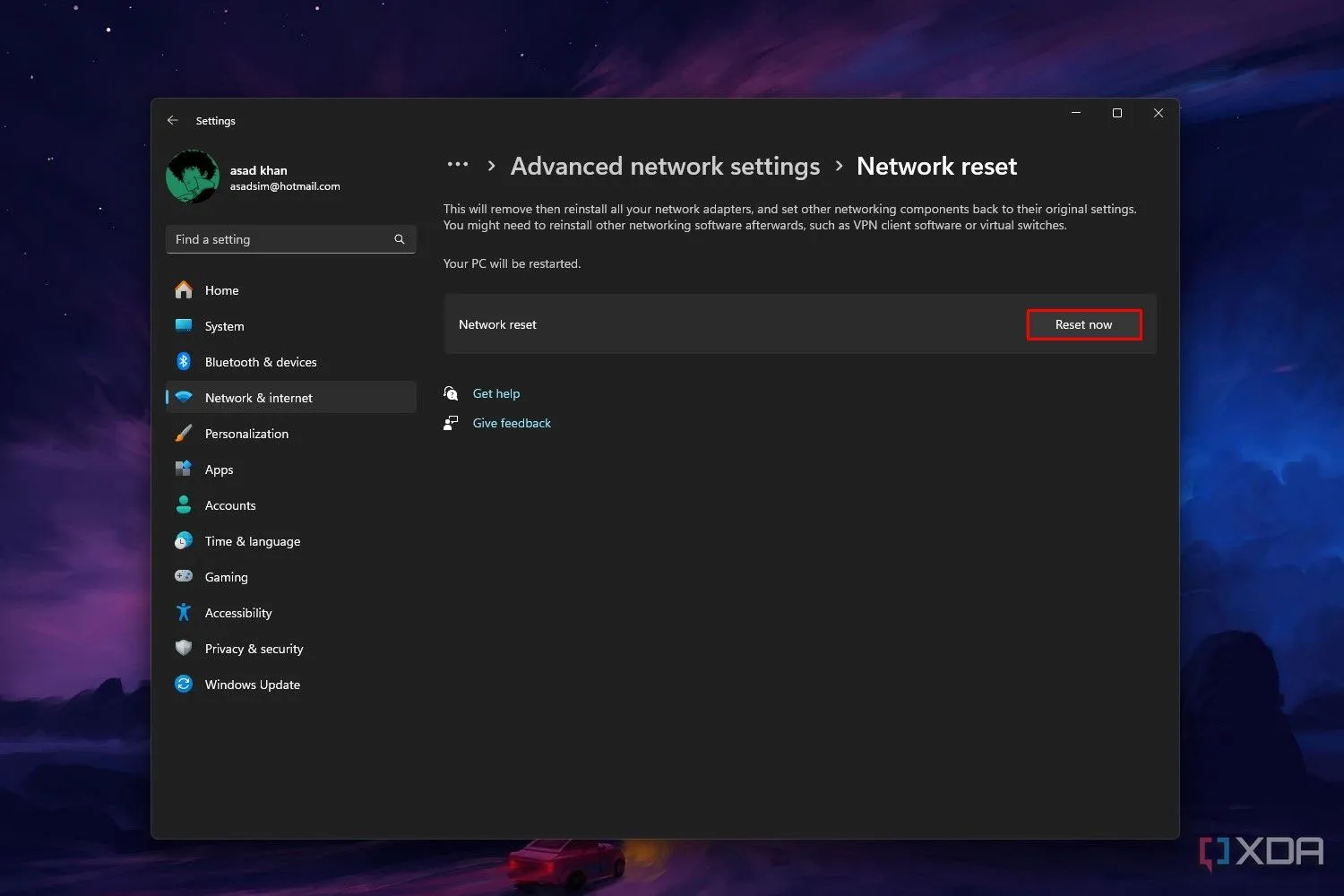 Màn hình cài đặt đặt lại mạng (Network Reset) trong Windows 11, với nút 'Đặt lại ngay' để khắc phục sự cố kết nối.