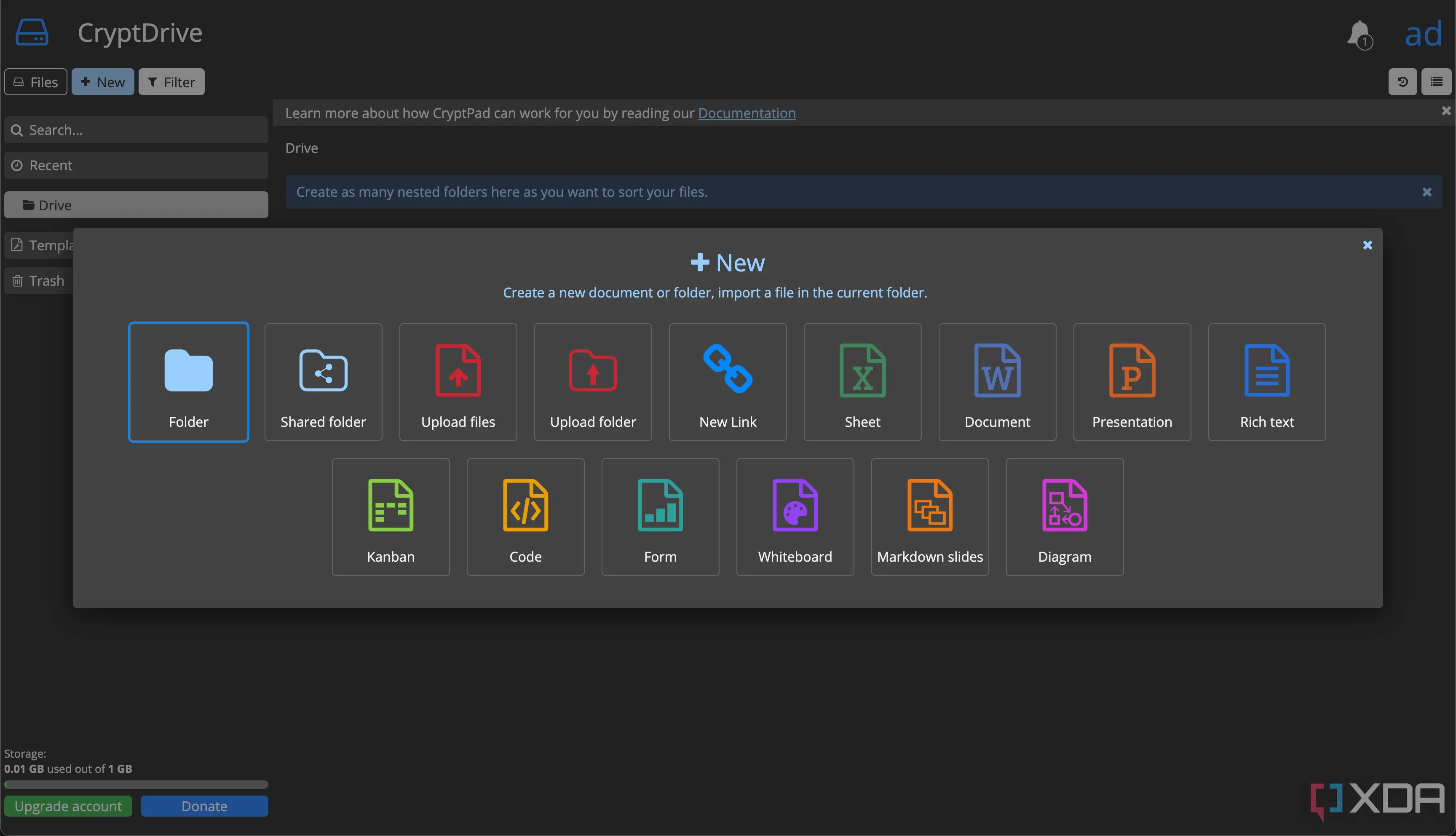 Màn hình CryptPad hiển thị các tùy chọn tạo file đa dạng như văn bản, bảng tính, trình chiếu, Kanban, và bảng trắng, vượt xa các công cụ cơ bản.