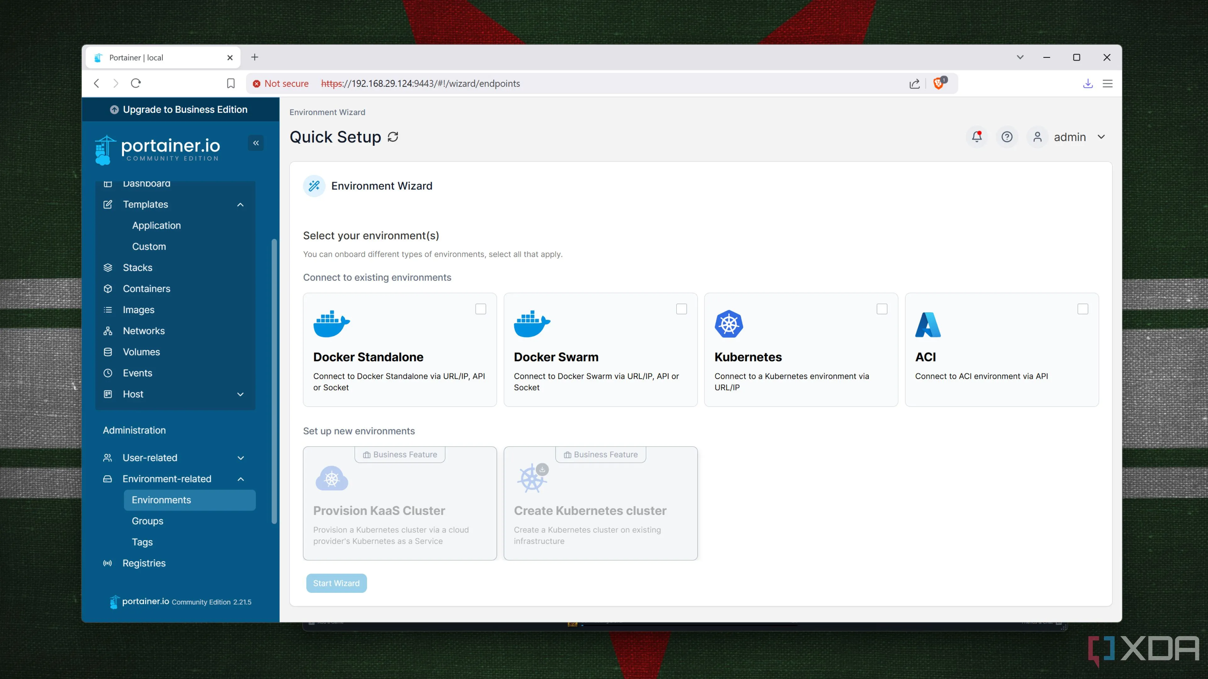 Màn hình Environment trong Portainer, nơi cấu hình và liên kết các môi trường Docker, Kubernetes, Docker Swarm